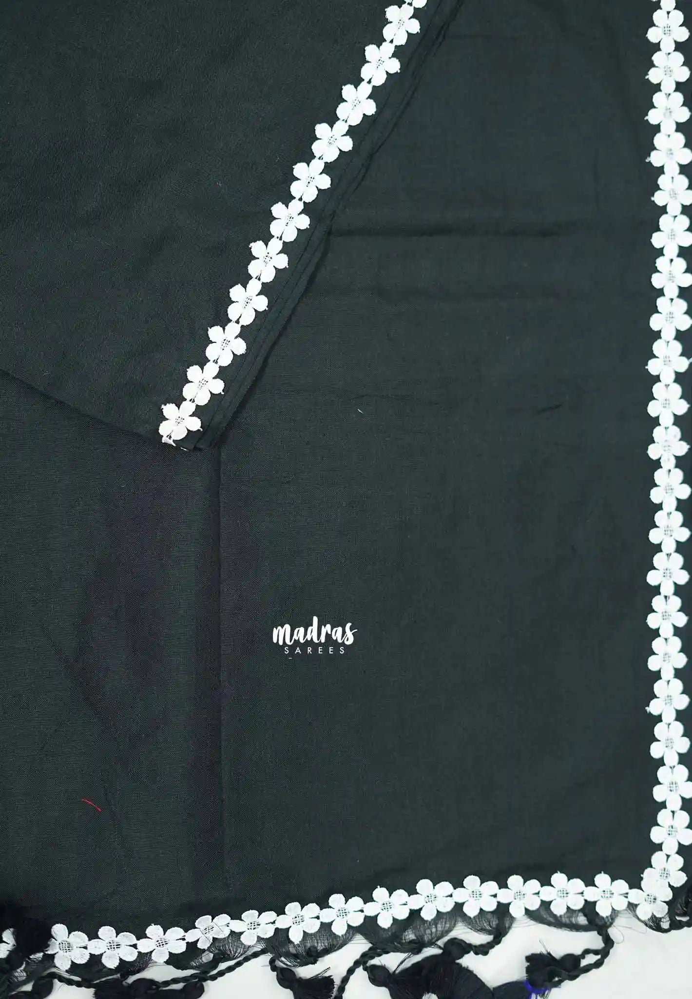 Leela -  Plain Handloom cotton Saree with floral lace border - Black