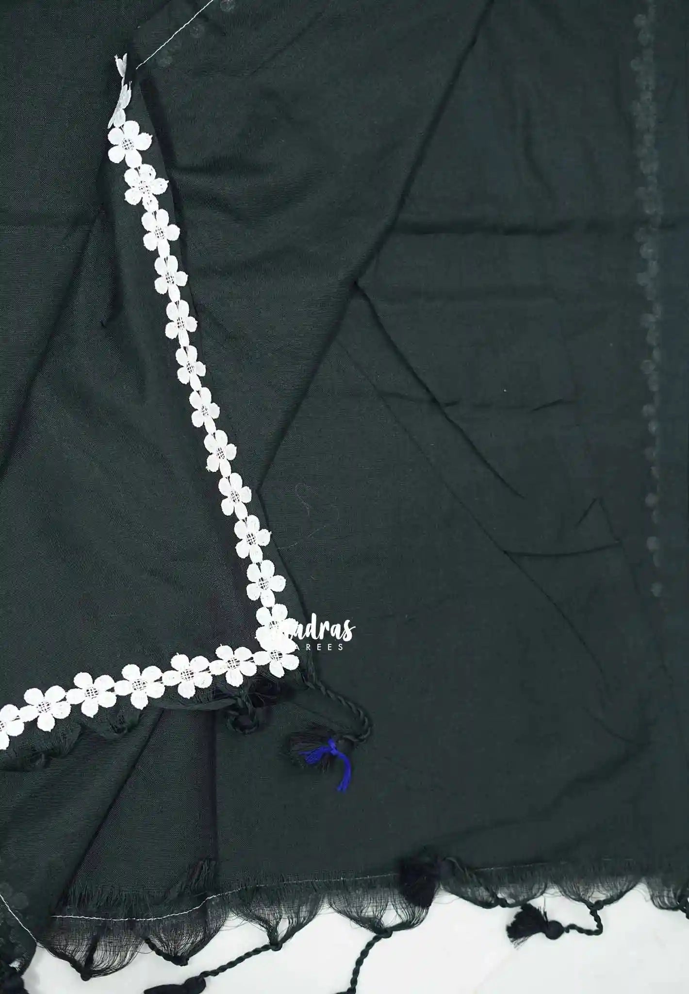 Leela -  Plain Handloom cotton Saree with floral lace border - Black