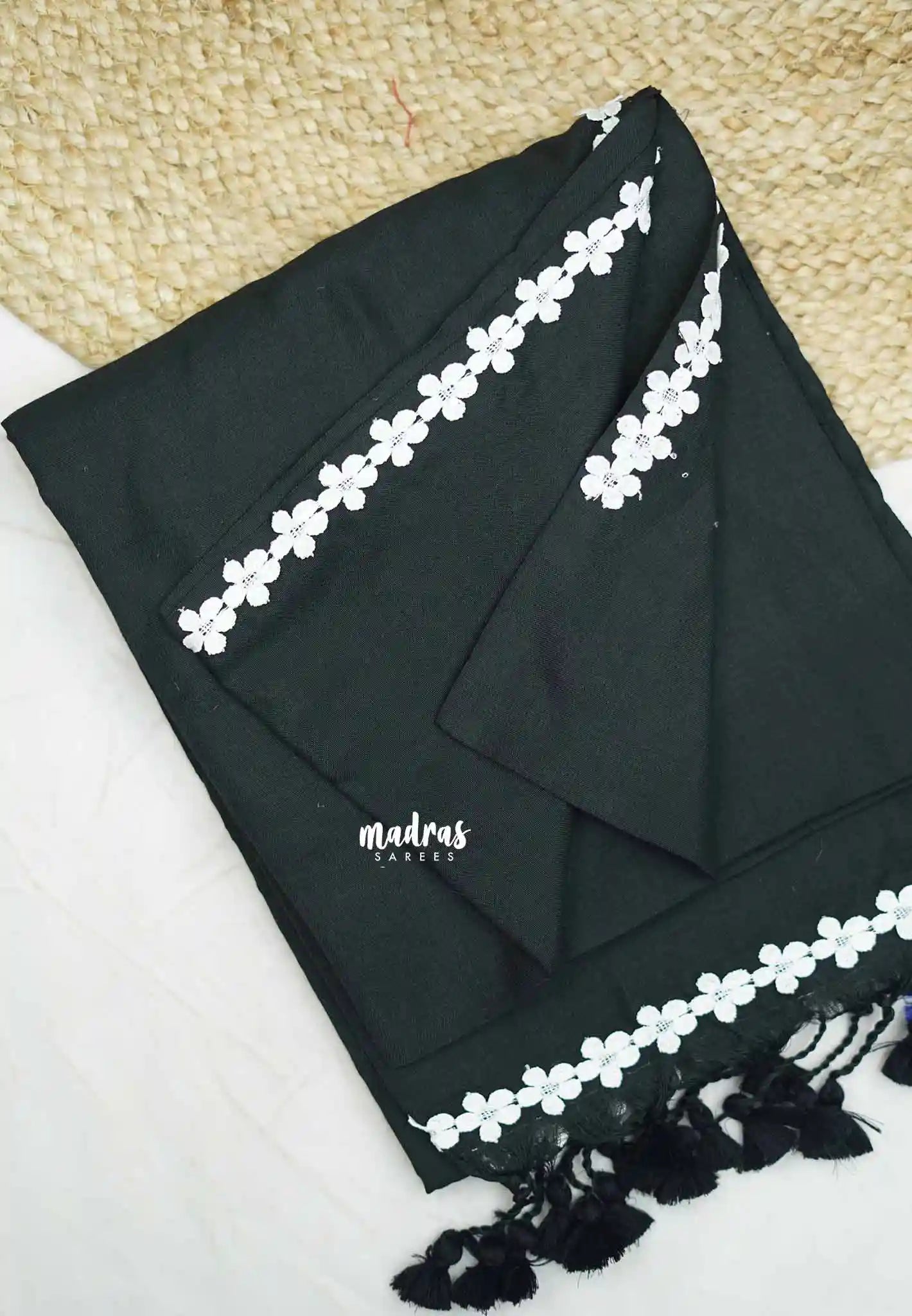 Leela -  Plain Handloom cotton Saree with floral lace border - Black
