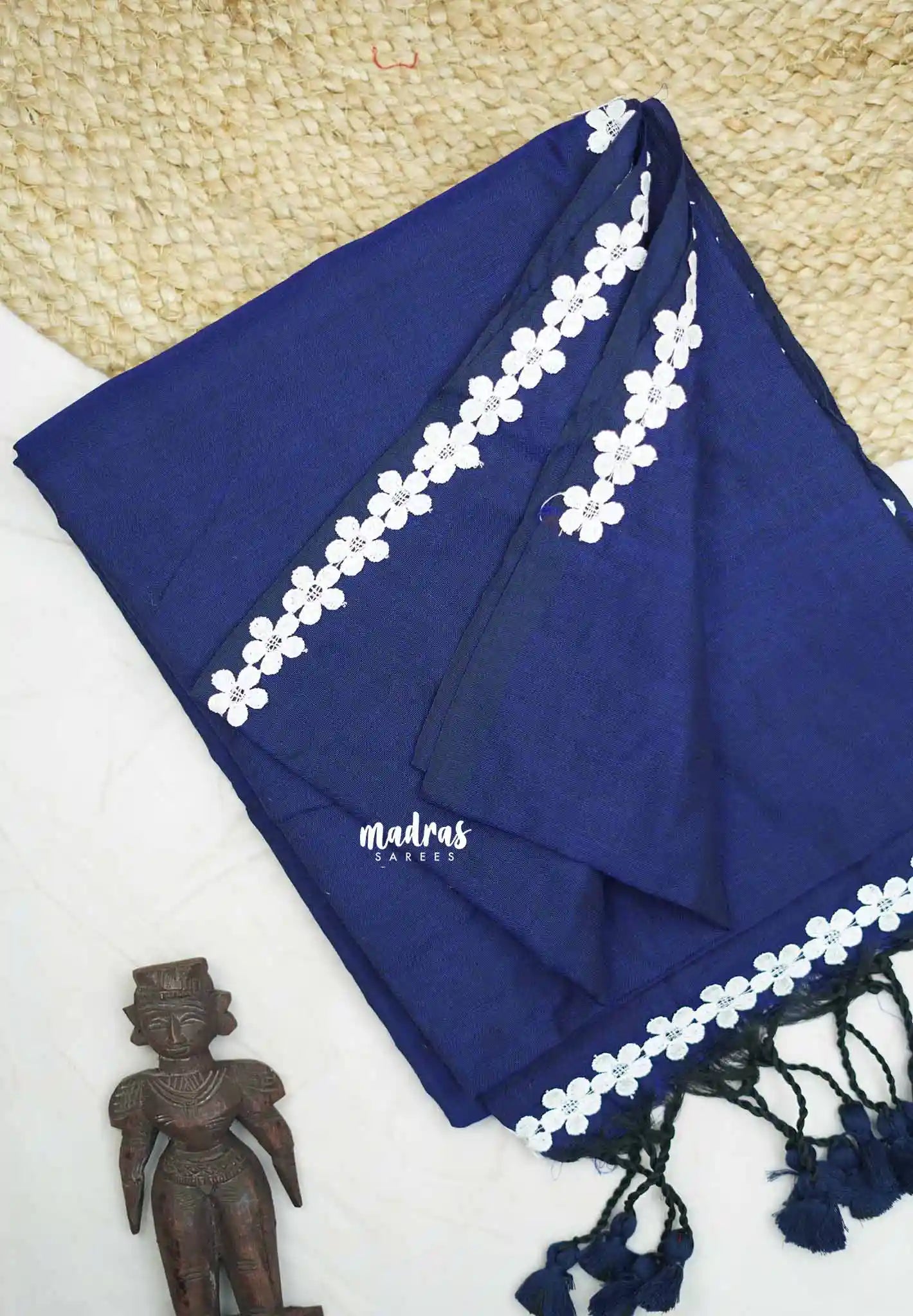 Leela -  Plain Handloom cotton Saree with floral lace border - Deep blue