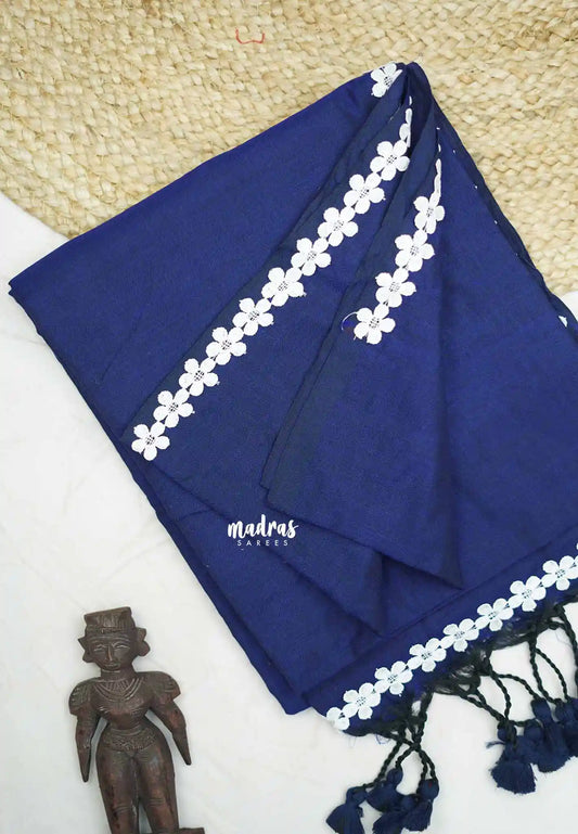Leela -  Plain Handloom cotton Saree with floral lace border - Deep blue