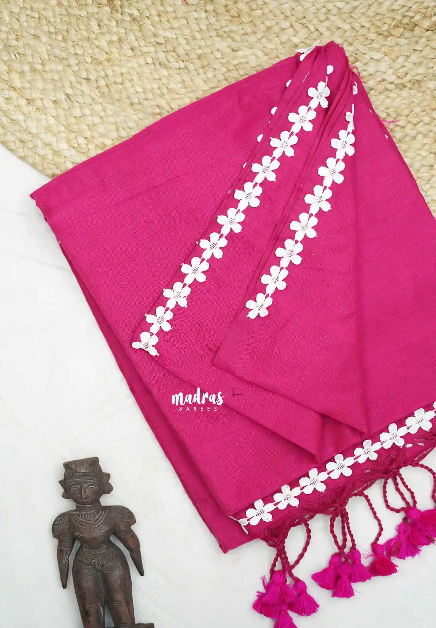 Leela -  Plain Handloom cotton Saree with floral lace border - Rani pink