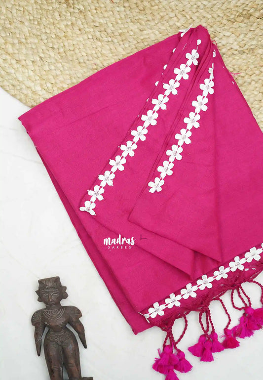 Leela -  Plain Handloom cotton Saree with floral lace border - Rani pink