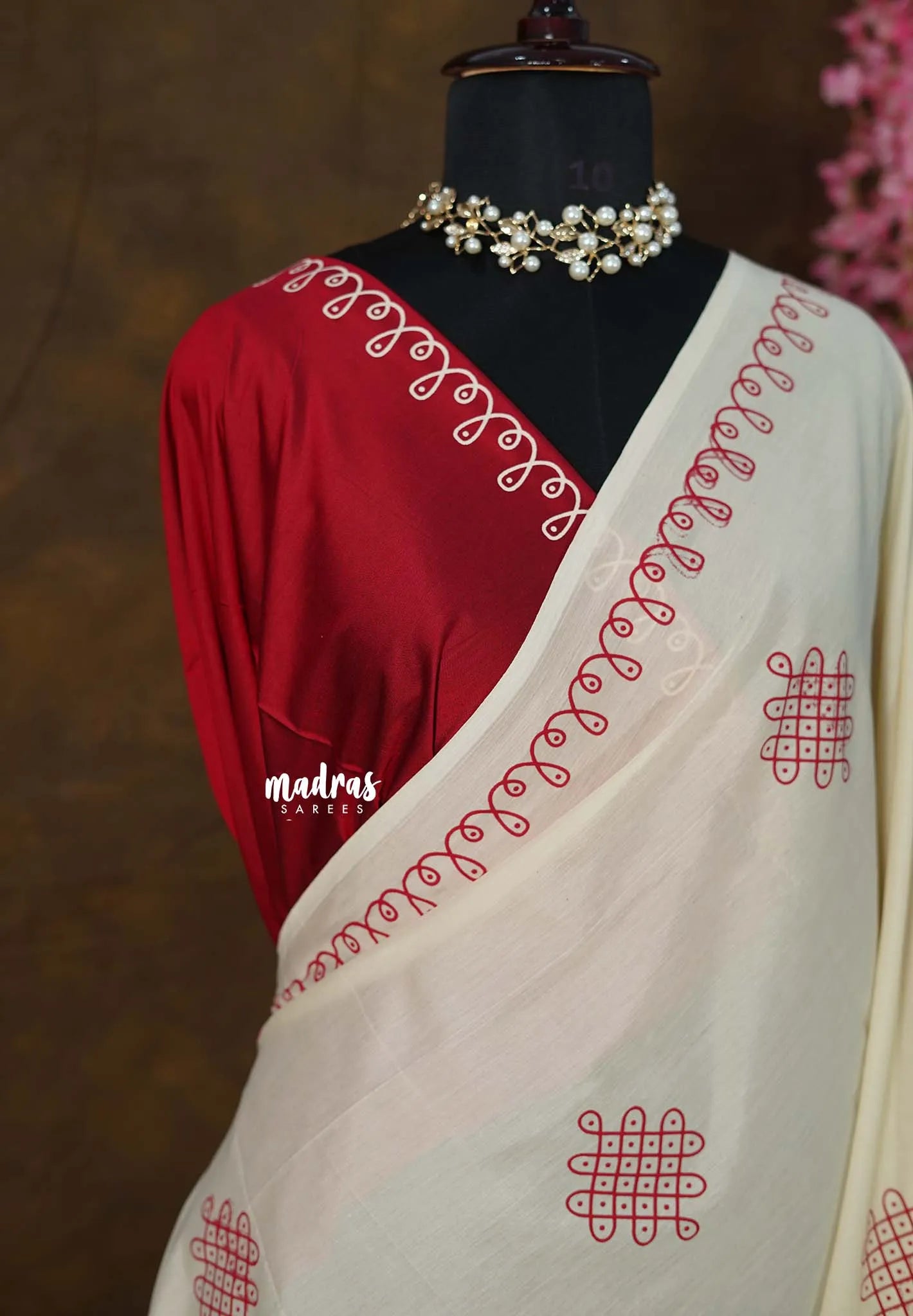 Ivory Cream - Oviyam - Madras Margazhi Special Handblock kolam Printed Bamboo Cotton Saree with Double Blouse Combo