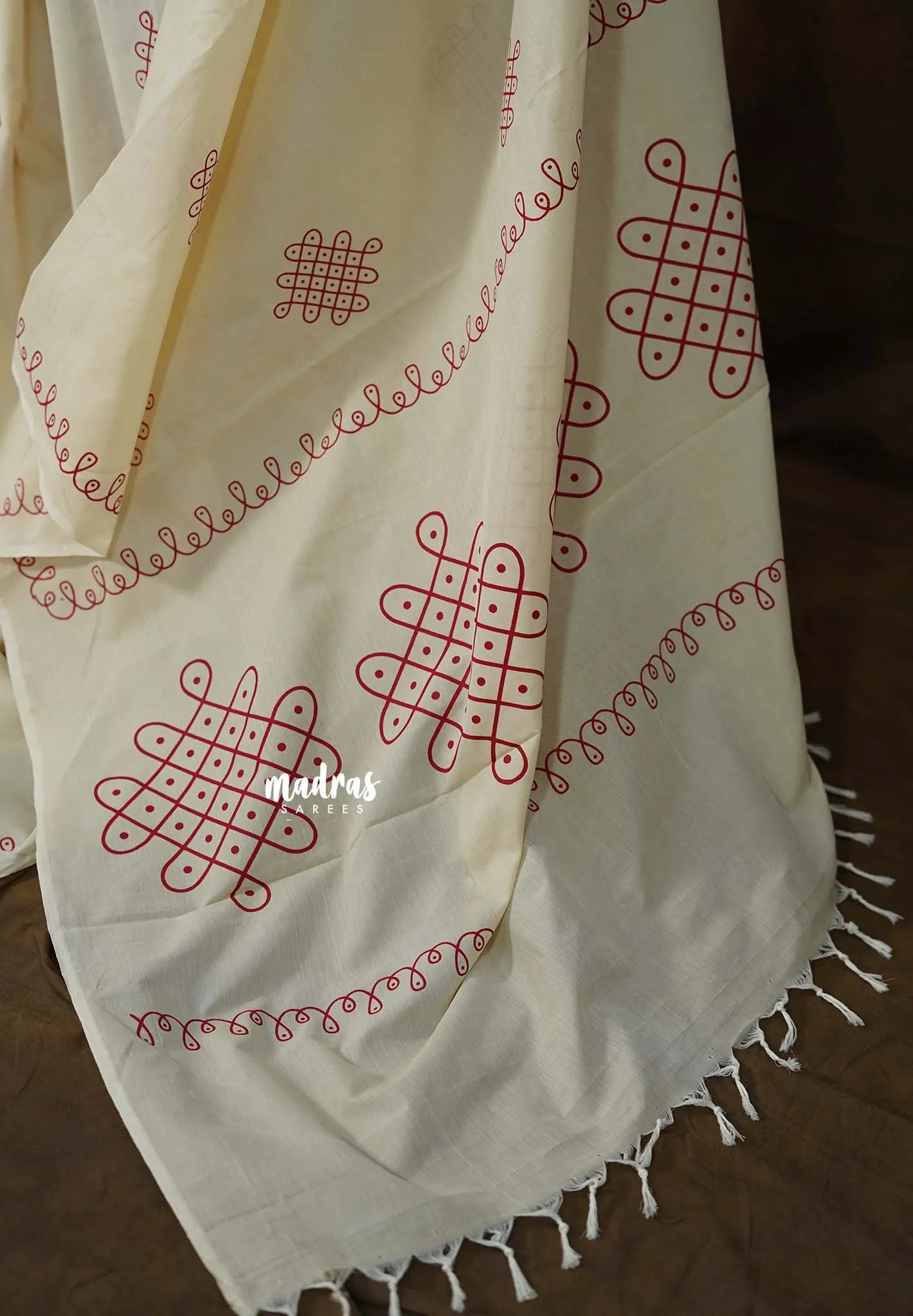 Ivory Cream - Oviyam - Madras Margazhi Special Handblock kolam Printed Bamboo Cotton Saree with Double Blouse Combo