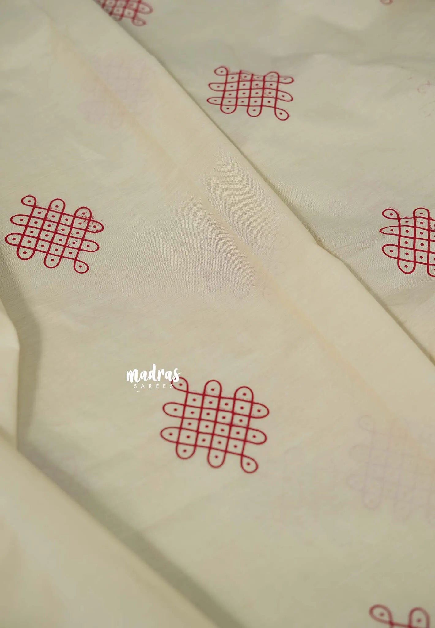 Ivory Cream - Oviyam - Madras Margazhi Special Handblock kolam Printed Bamboo Cotton Saree with Double Blouse Combo