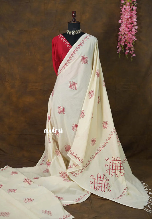 Ivory Cream - Oviyam - Madras Margazhi Special Handblock kolam Printed Bamboo Cotton Saree with Double Blouse Combo