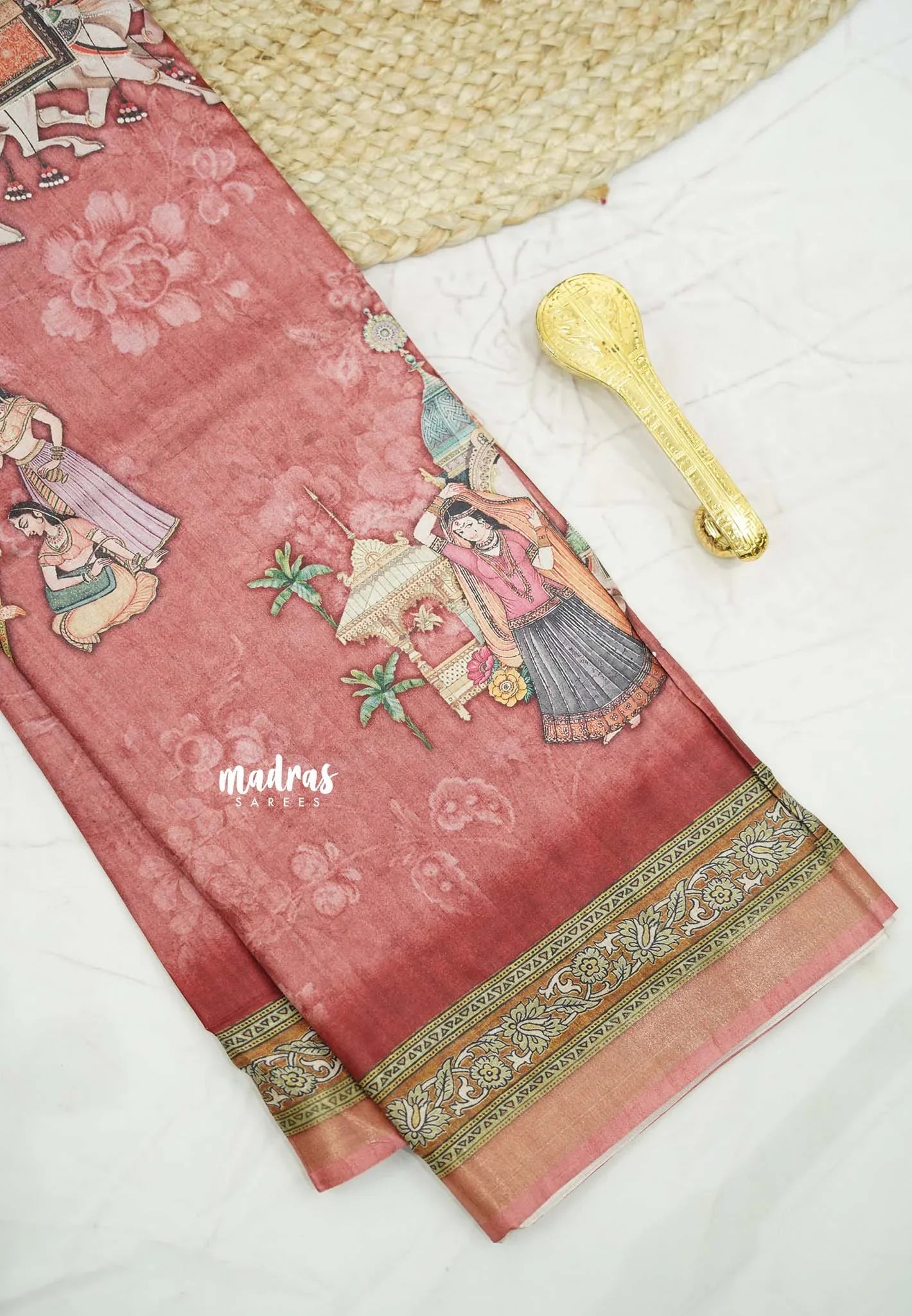 Printed silk blend Saree mugal painting prints peacock design - 4 colors Available