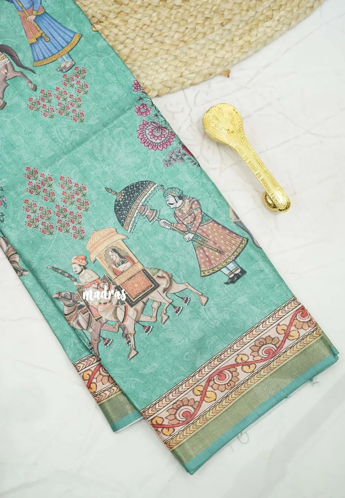 Printed silkcotton blend Mughal painting prints pallu design Saree - 4 colors Available