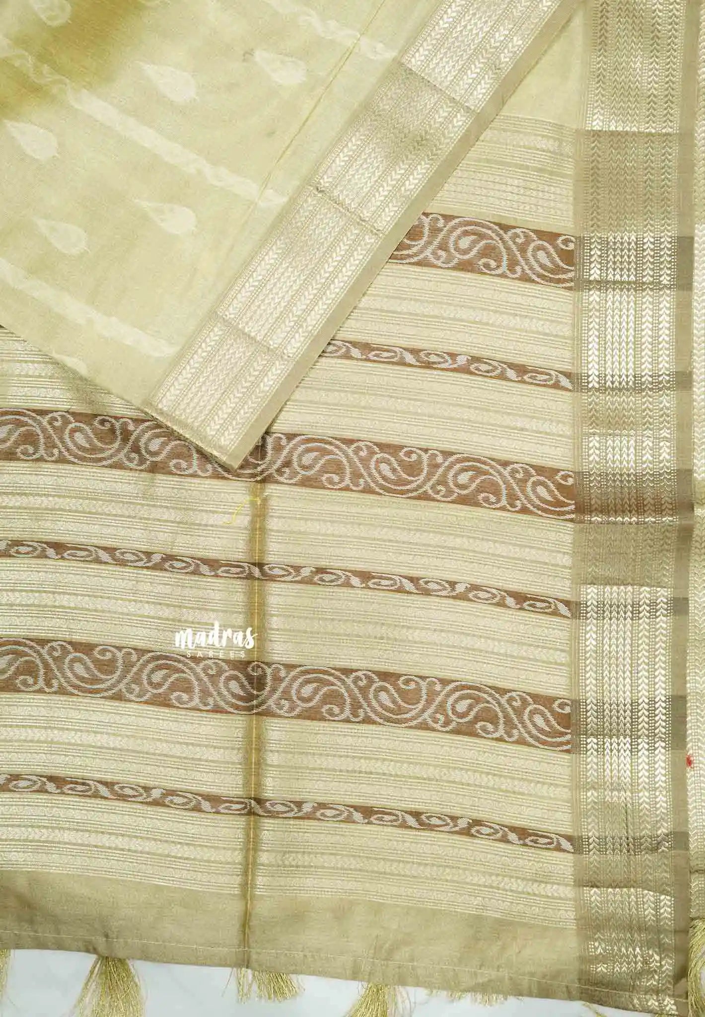 Manjari - Full weaving body traditional border semi raw silk blend Saree- Pastel Beige