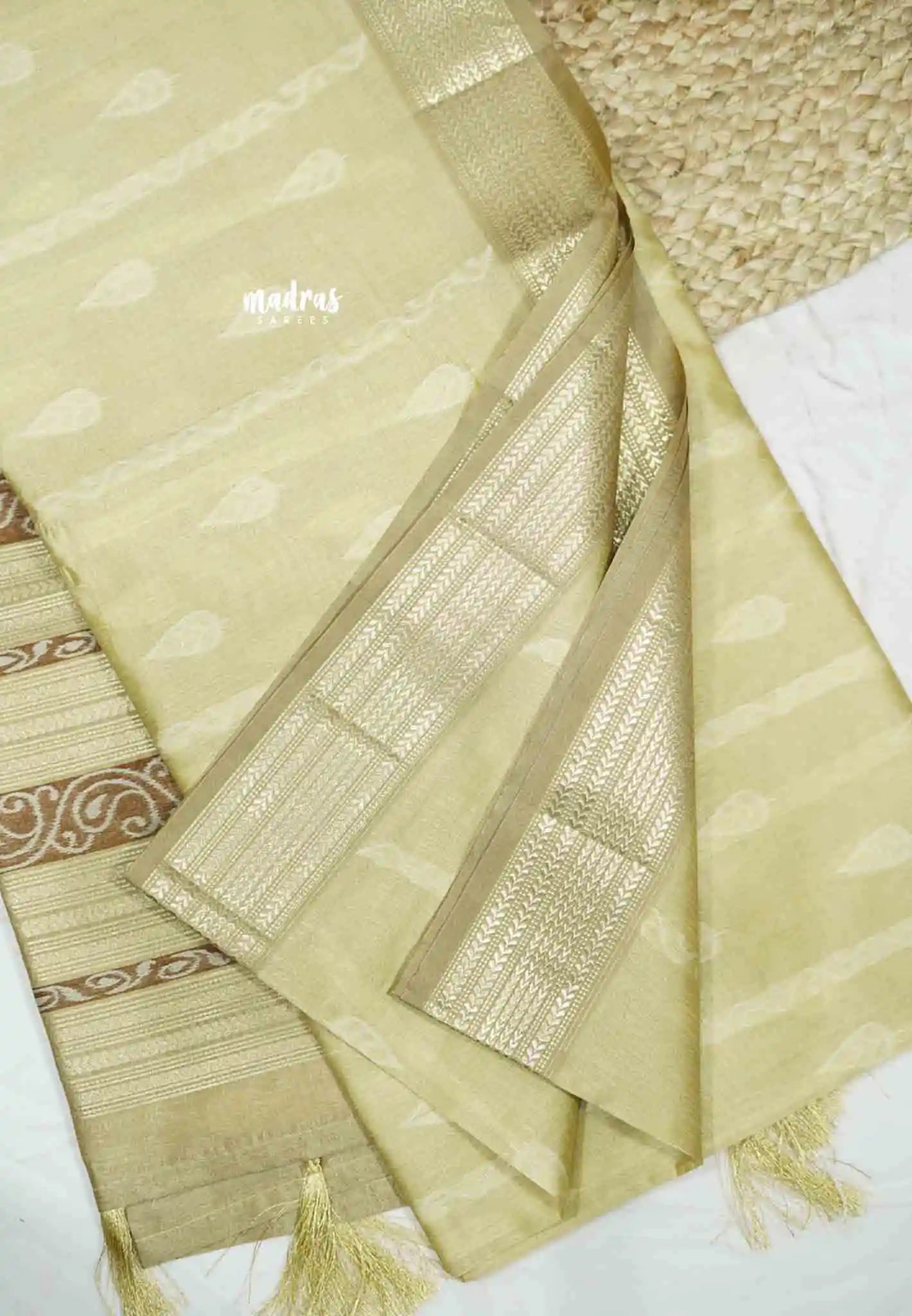 Manjari - Full weaving body traditional border semi raw silk blend Saree- Pastel Beige