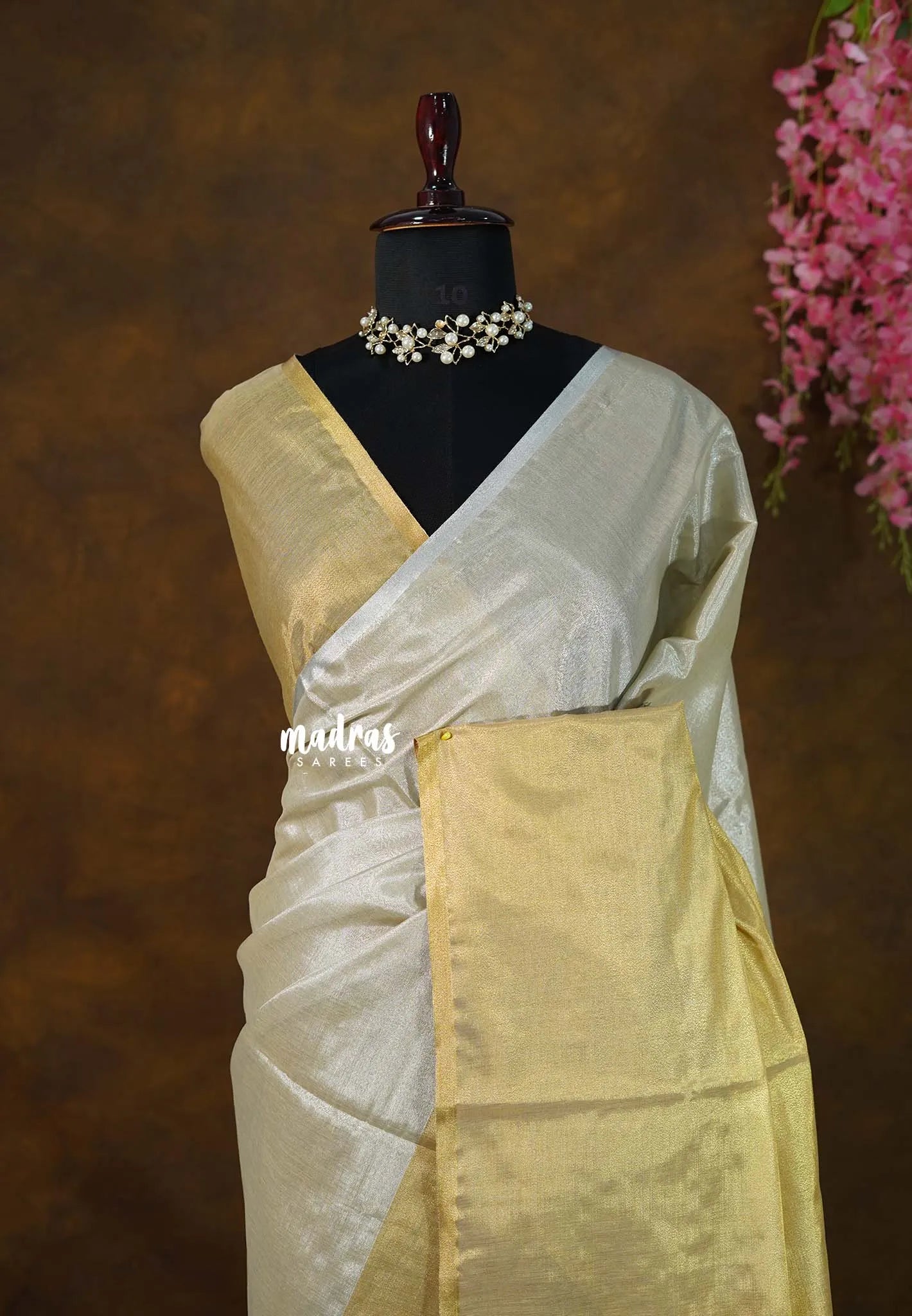 MoonSun Blend - Kushboo half and half gold and silver tissue silk blend Saree - Best for Small Functions