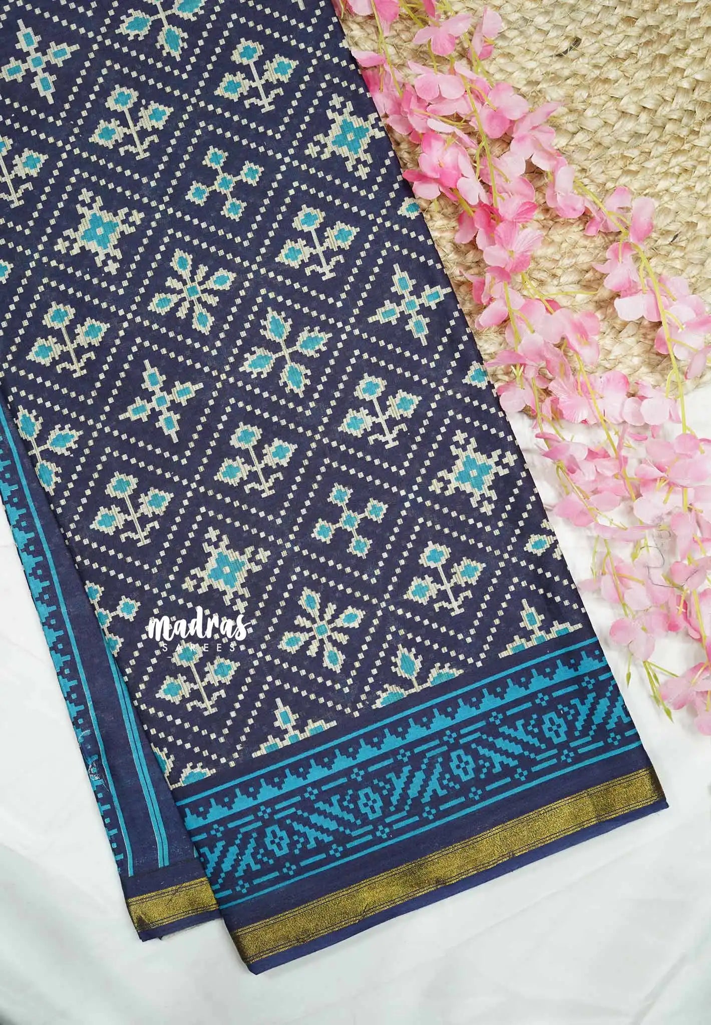 Soft Muslin cotton patola prints Saree with tissue border - Navy