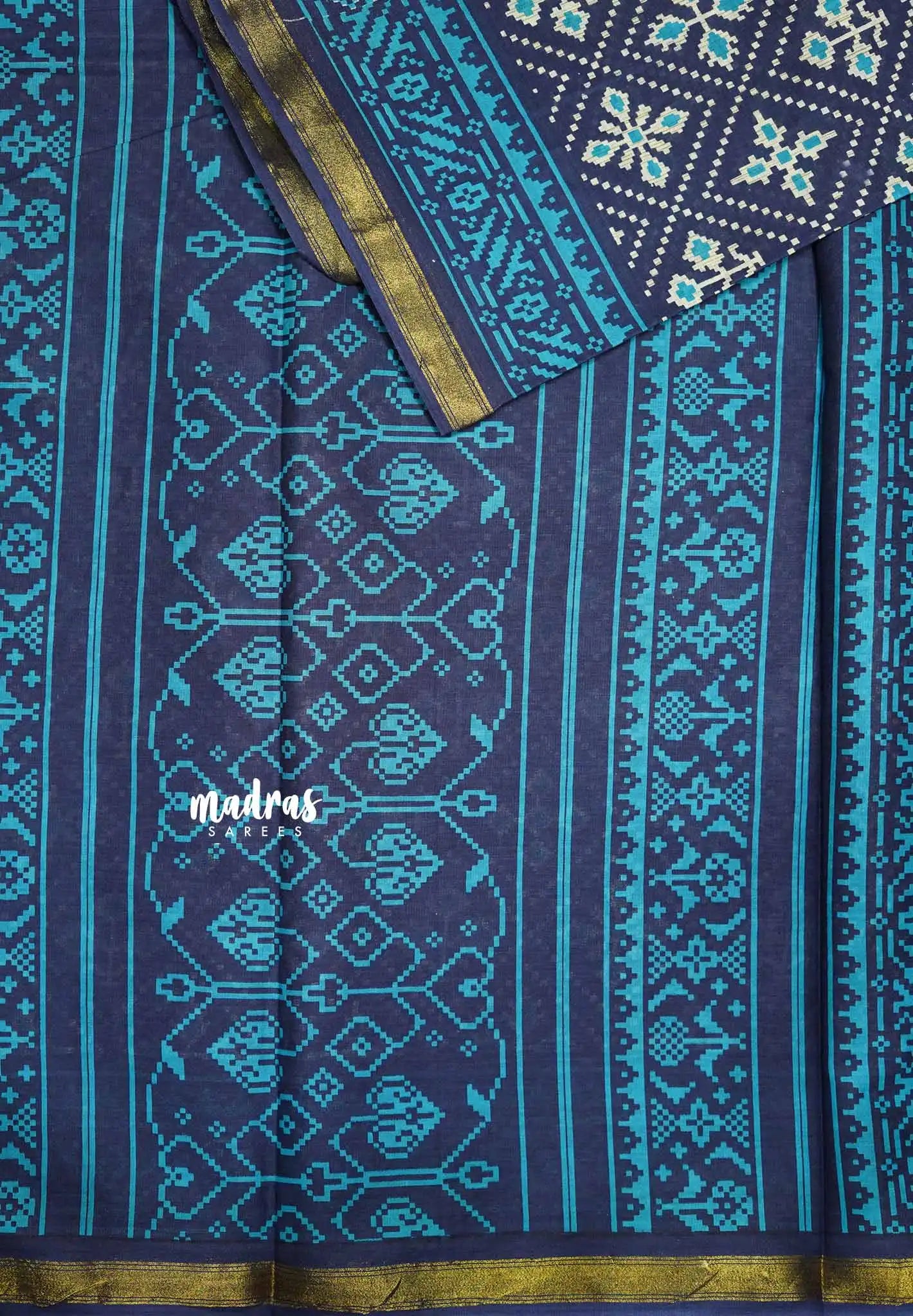 Soft Muslin cotton patola prints Saree with tissue border - Navy