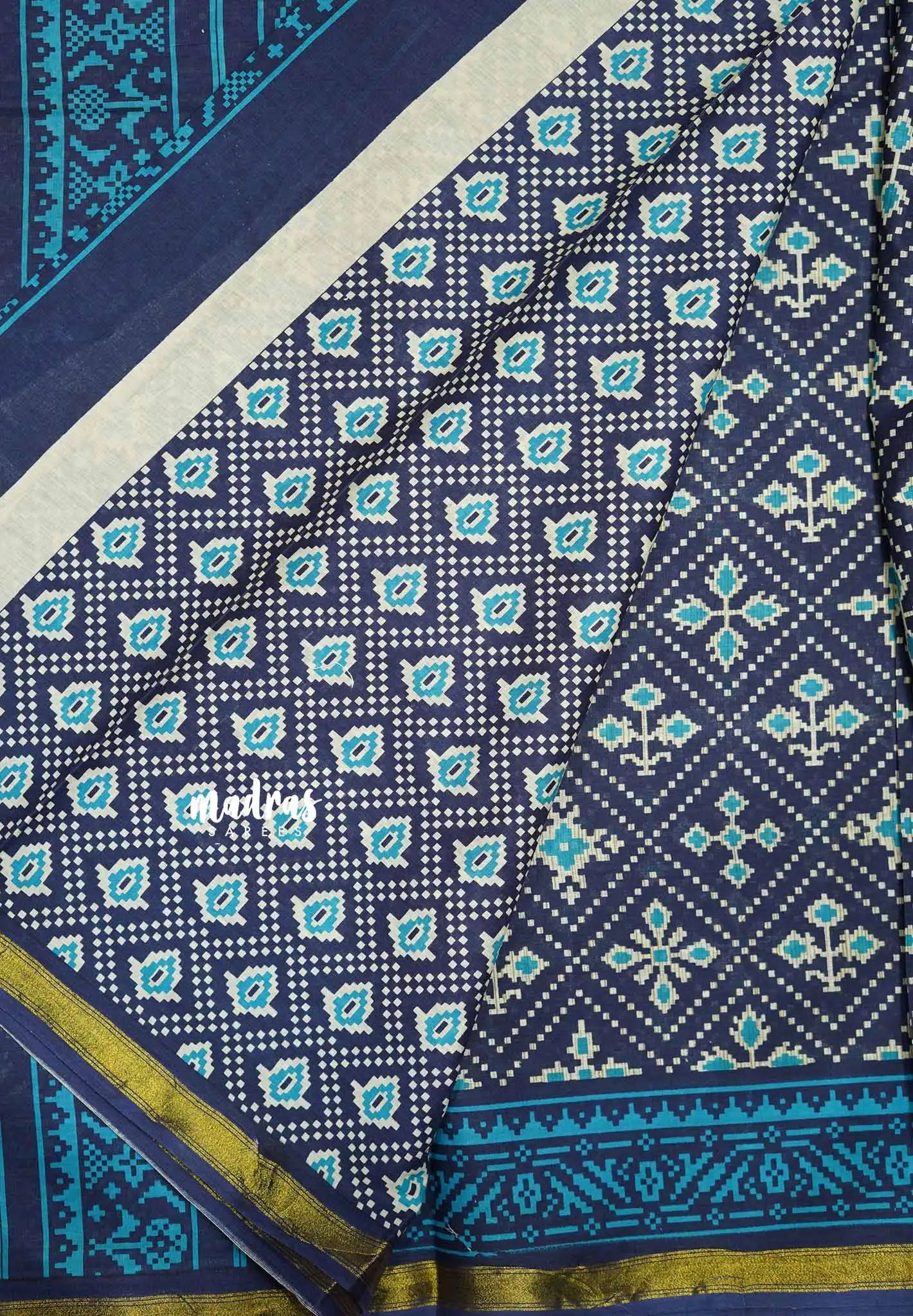 Soft Muslin cotton patola prints Saree with tissue border - Navy
