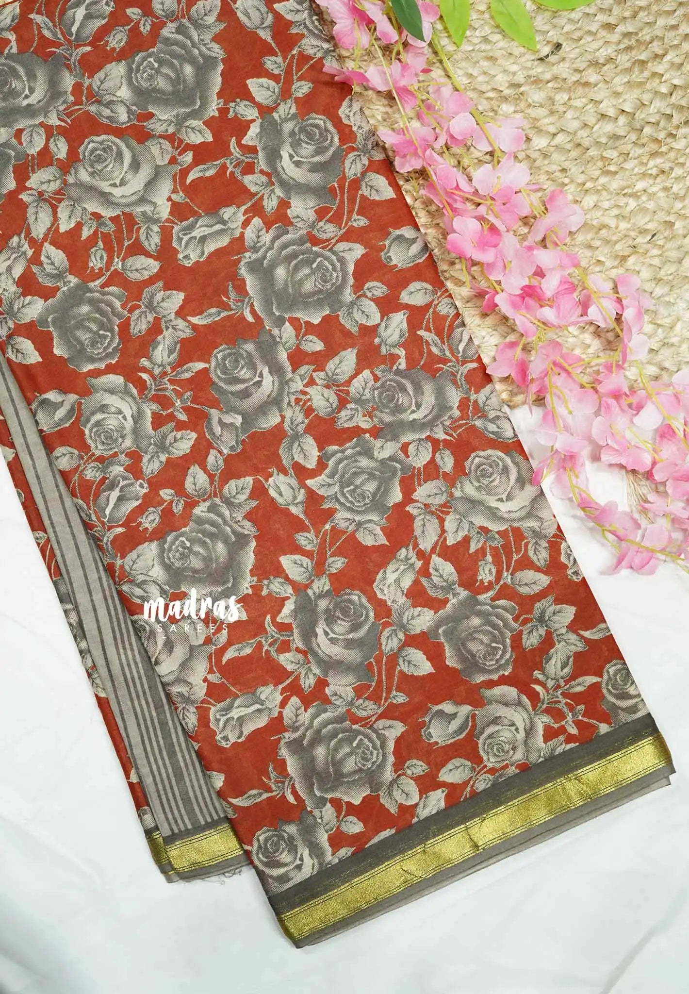 Soft Muslin cotton rose prints Saree with tissue border - Brick red