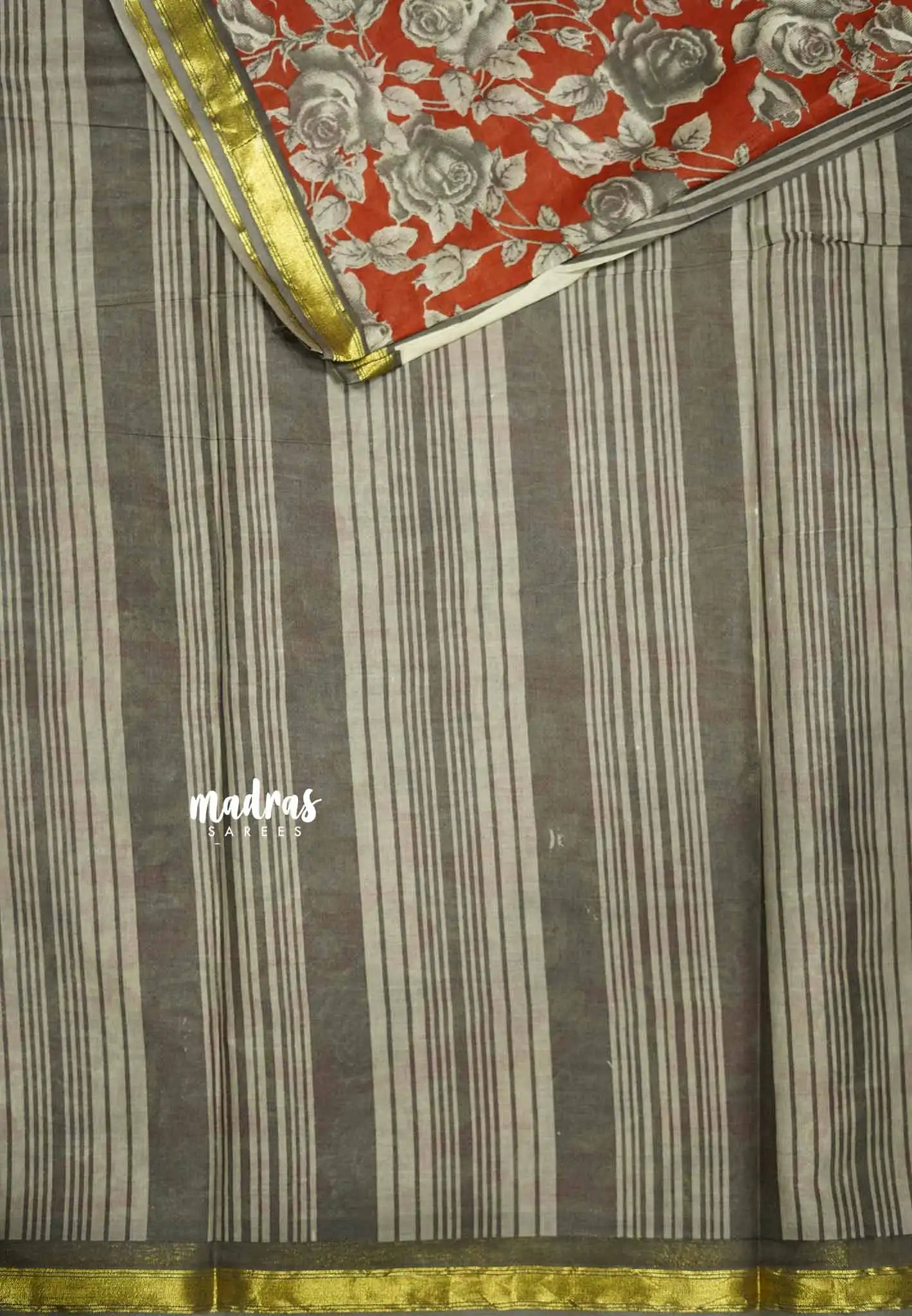 Soft Muslin cotton rose prints Saree with tissue border - Brick red