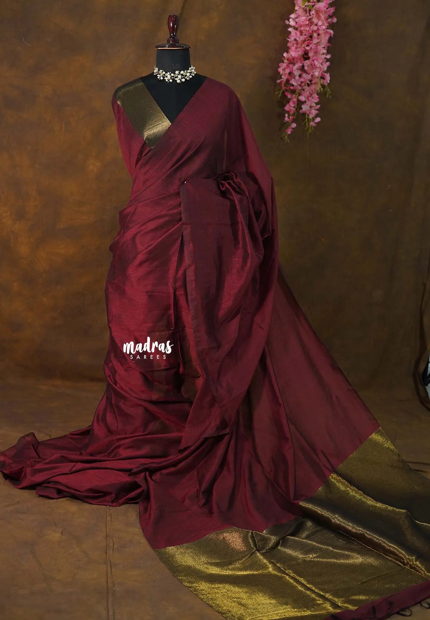 Maroon Tissue zari pallu Saree with gold border blouse - Shilpa saree