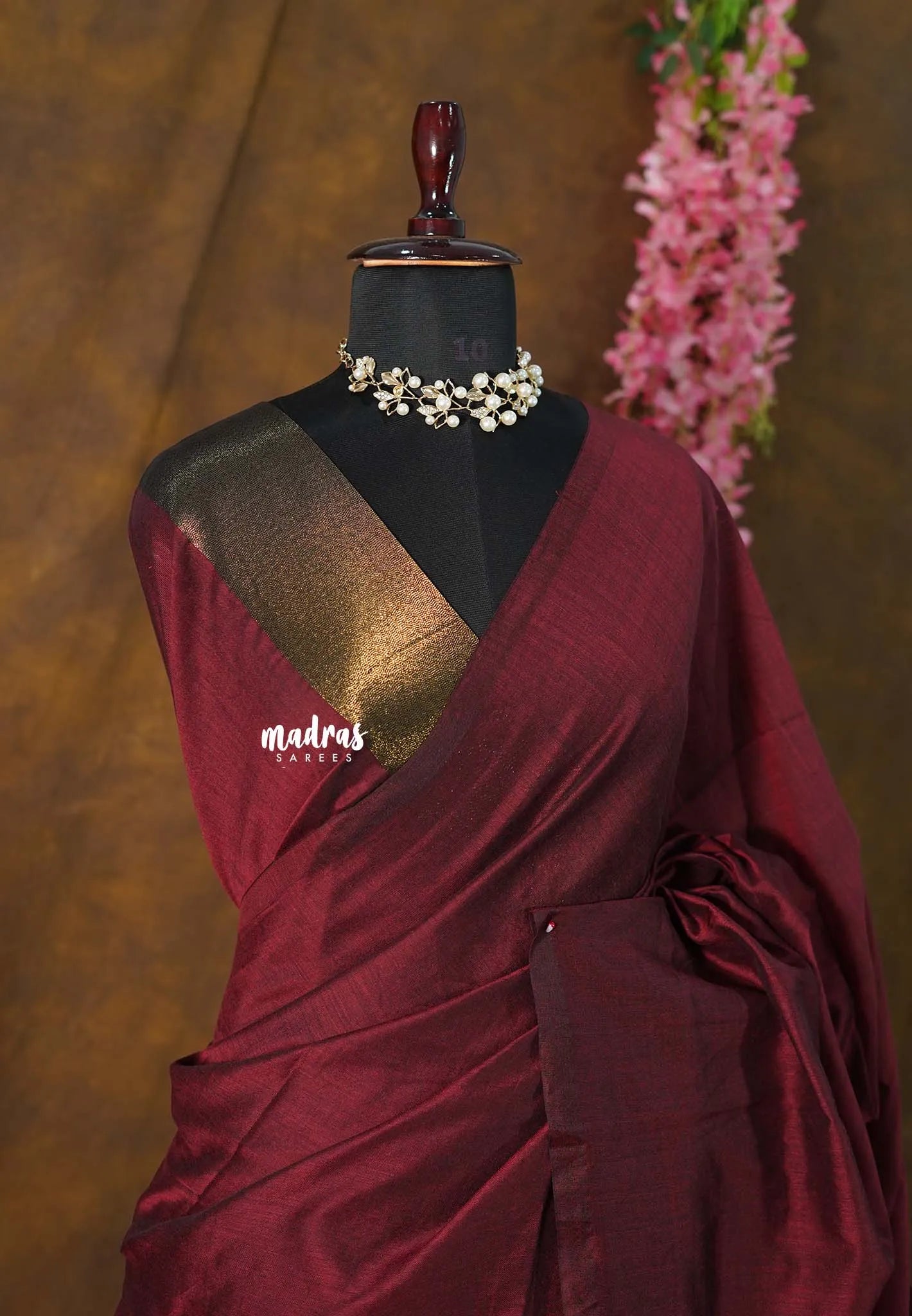 Maroon Tissue zari pallu Saree with gold border blouse - Shilpa saree