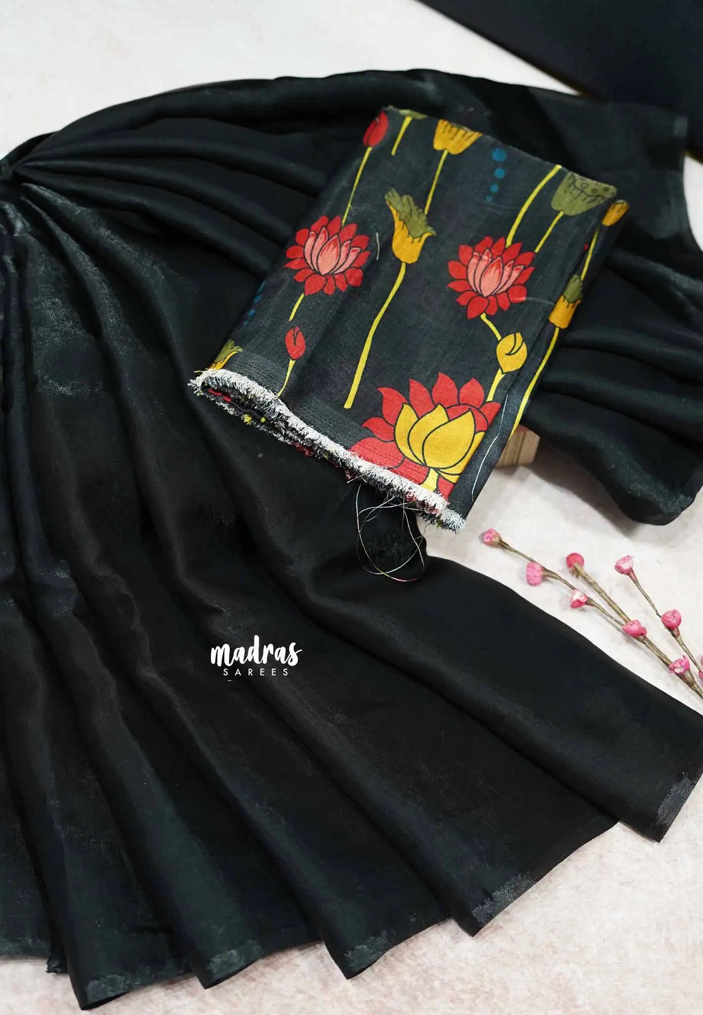 Deep black - Plain space silk cotton Saree with kalamkari printed blouse