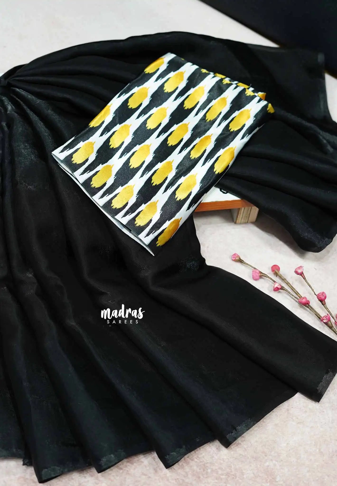 Deep black - Plain space silk cotton Saree with kalamkari ikkat printed blouse