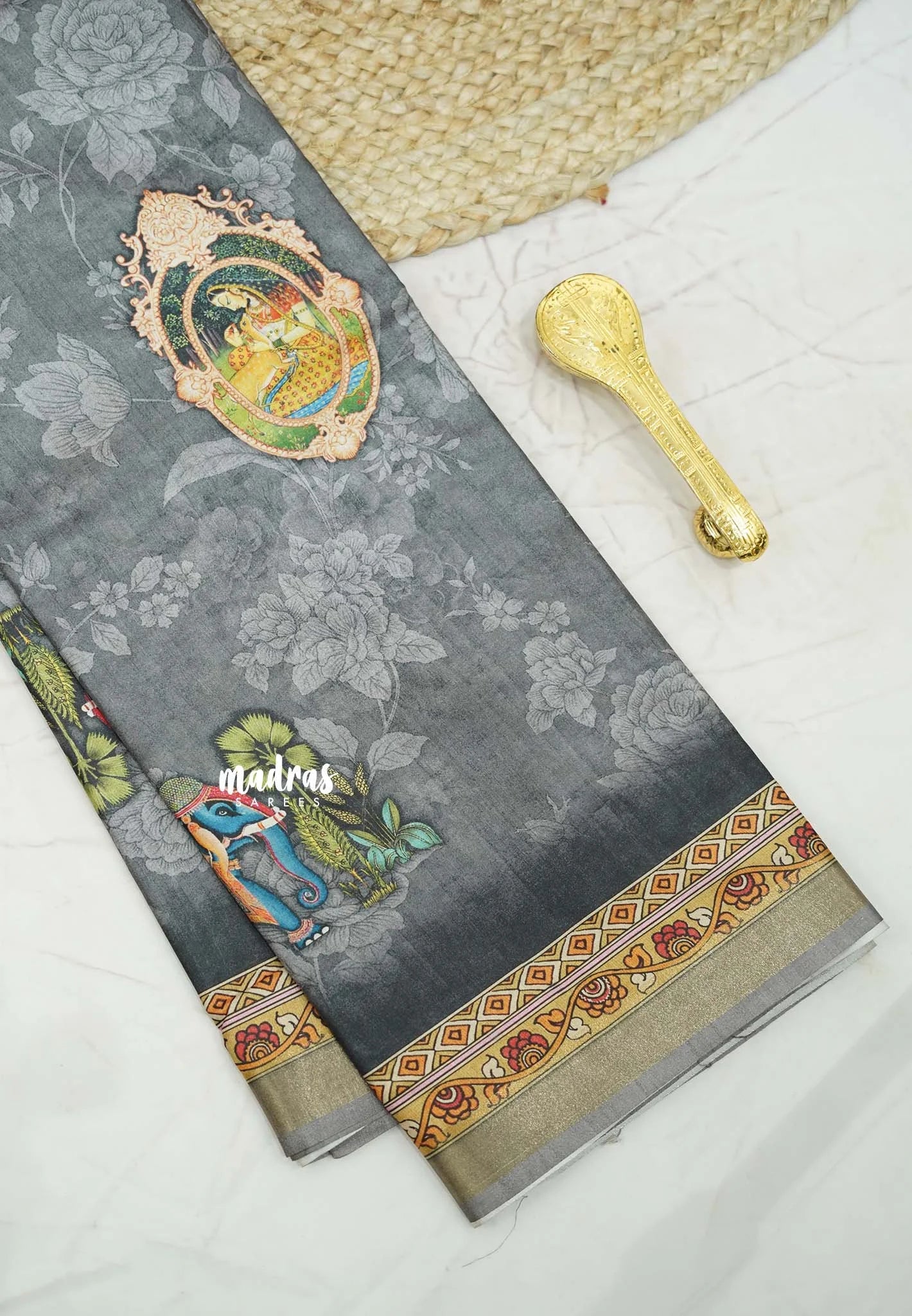 Printed silk blend Saree mugal painting prints Elephants - Grey