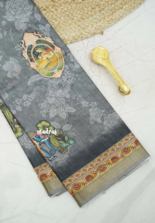 Printed silk blend Saree mugal painting prints Elephants - Grey