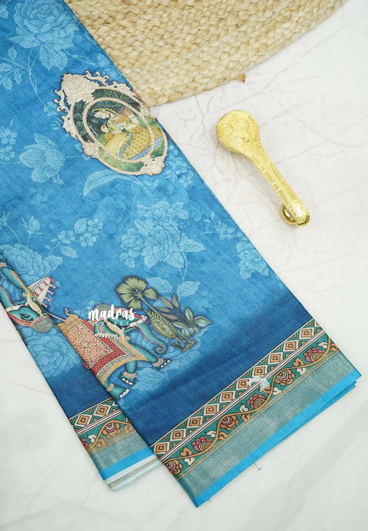 Printed silk blend Saree mugal painting prints Elephants - sky blue