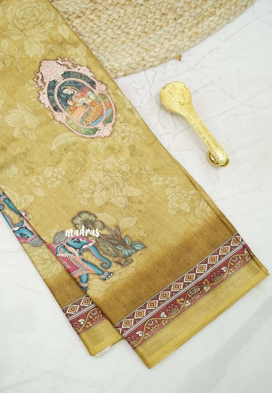 Printed silk blend Saree mugal painting prints Elephants - Golden yellow