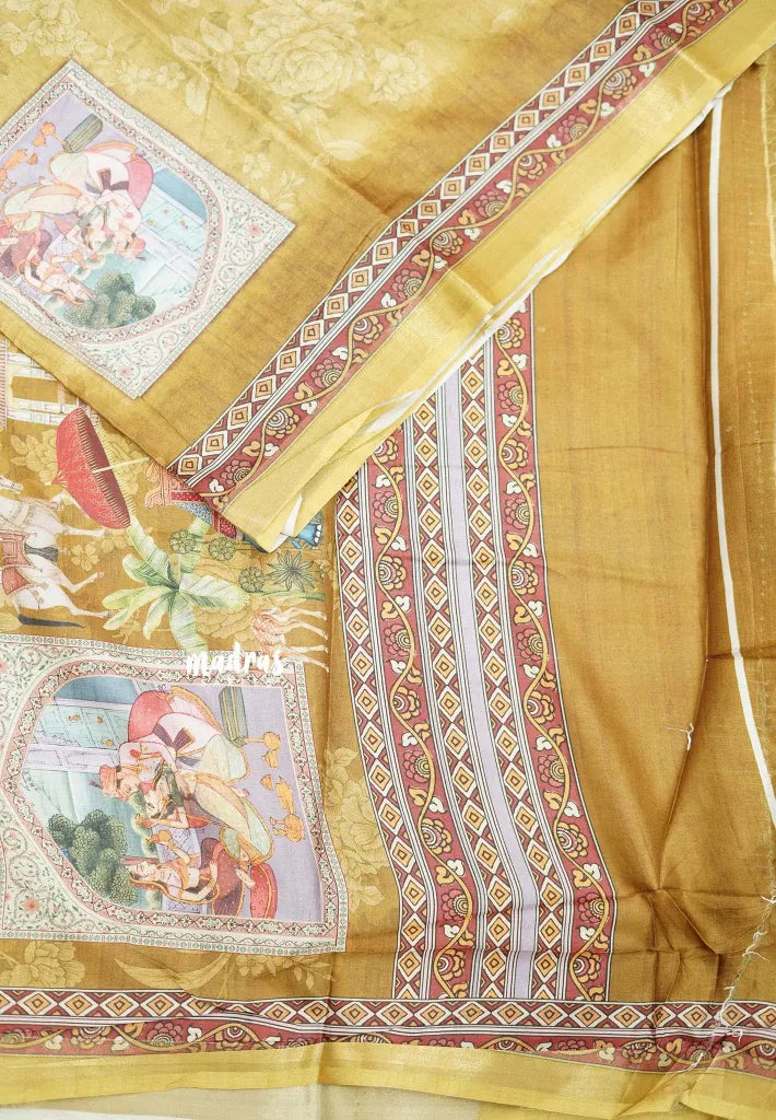 Printed silk blend Saree mugal painting prints Elephants - Golden yellow