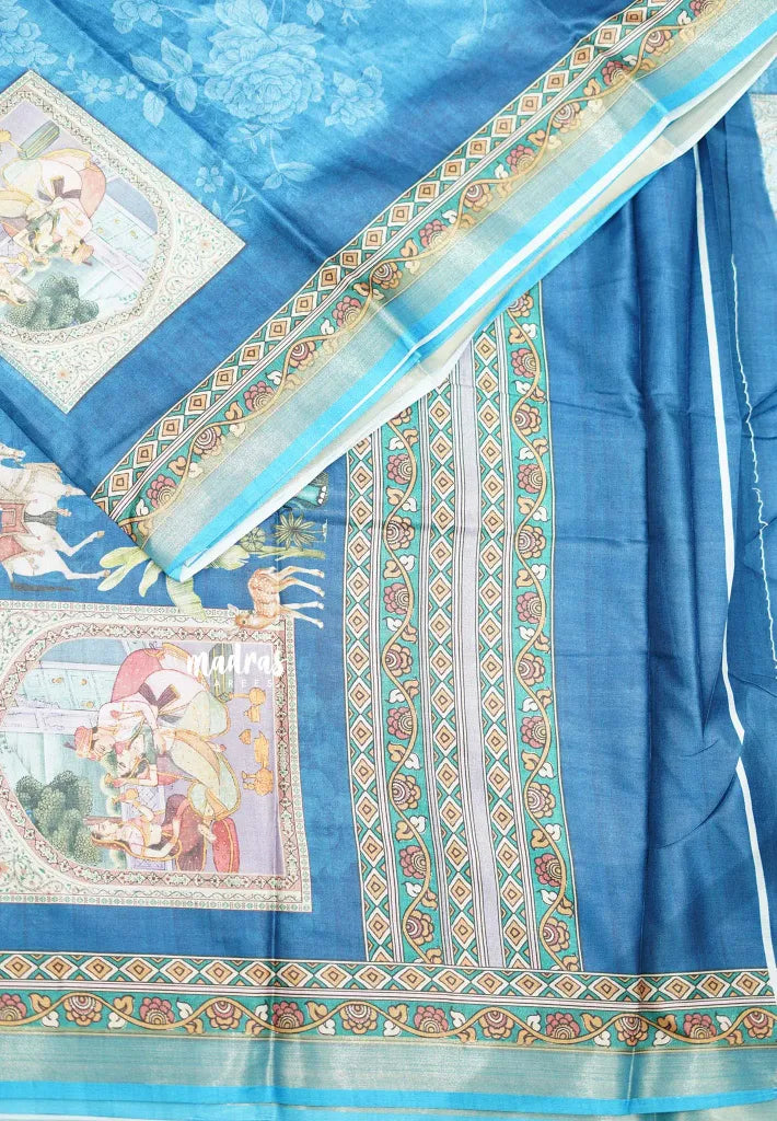 Printed silk blend Saree mugal painting prints Elephants - sky blue