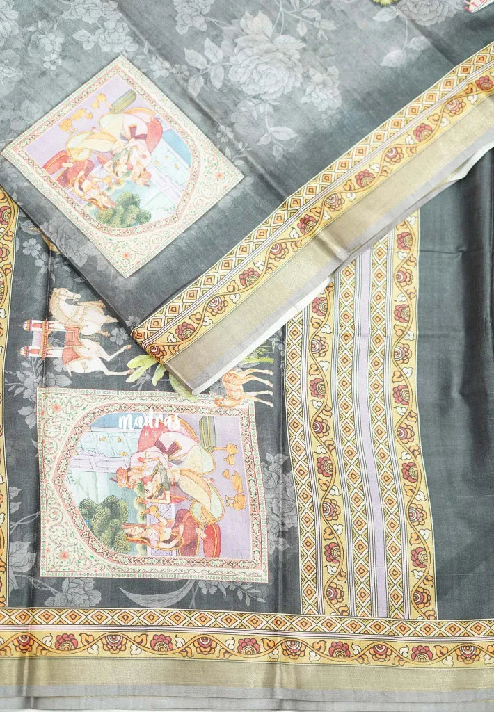 Printed silk blend Saree mugal painting prints Elephants - Grey