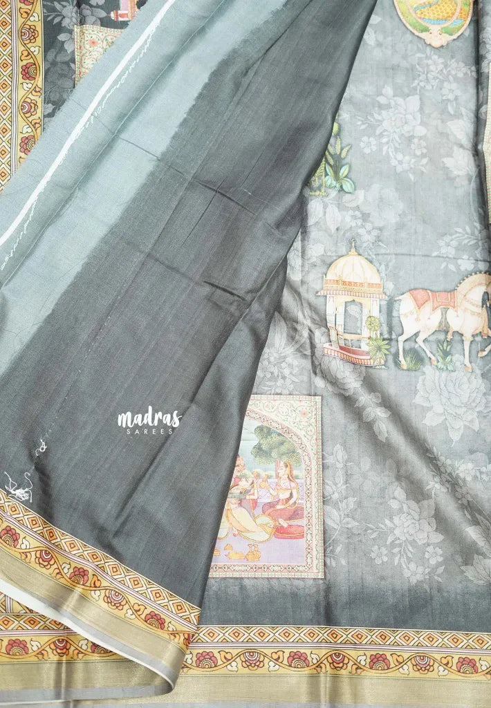 Printed silk blend Saree mugal painting prints Elephants - Grey