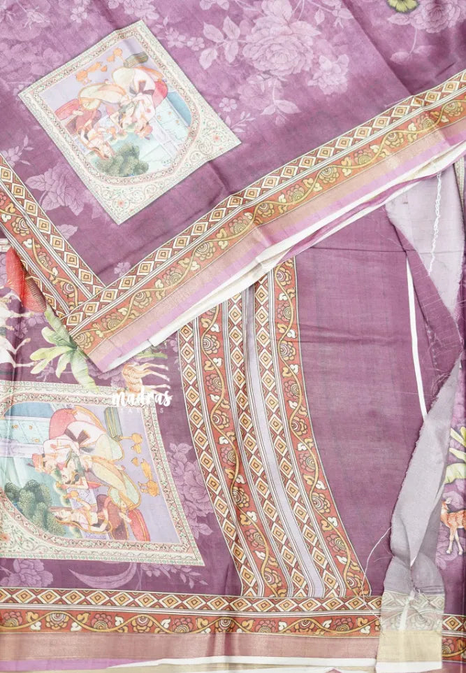 Printed silk blend Saree mugal painting prints Elephants - Onion purple