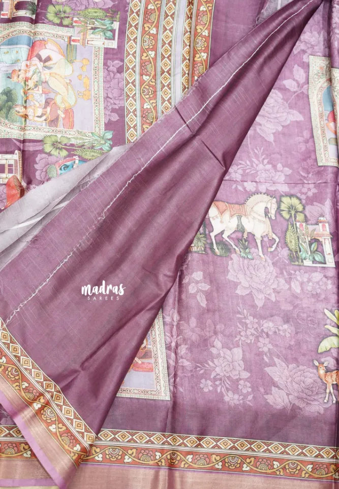 Printed silk blend Saree mugal painting prints Elephants - Onion purple