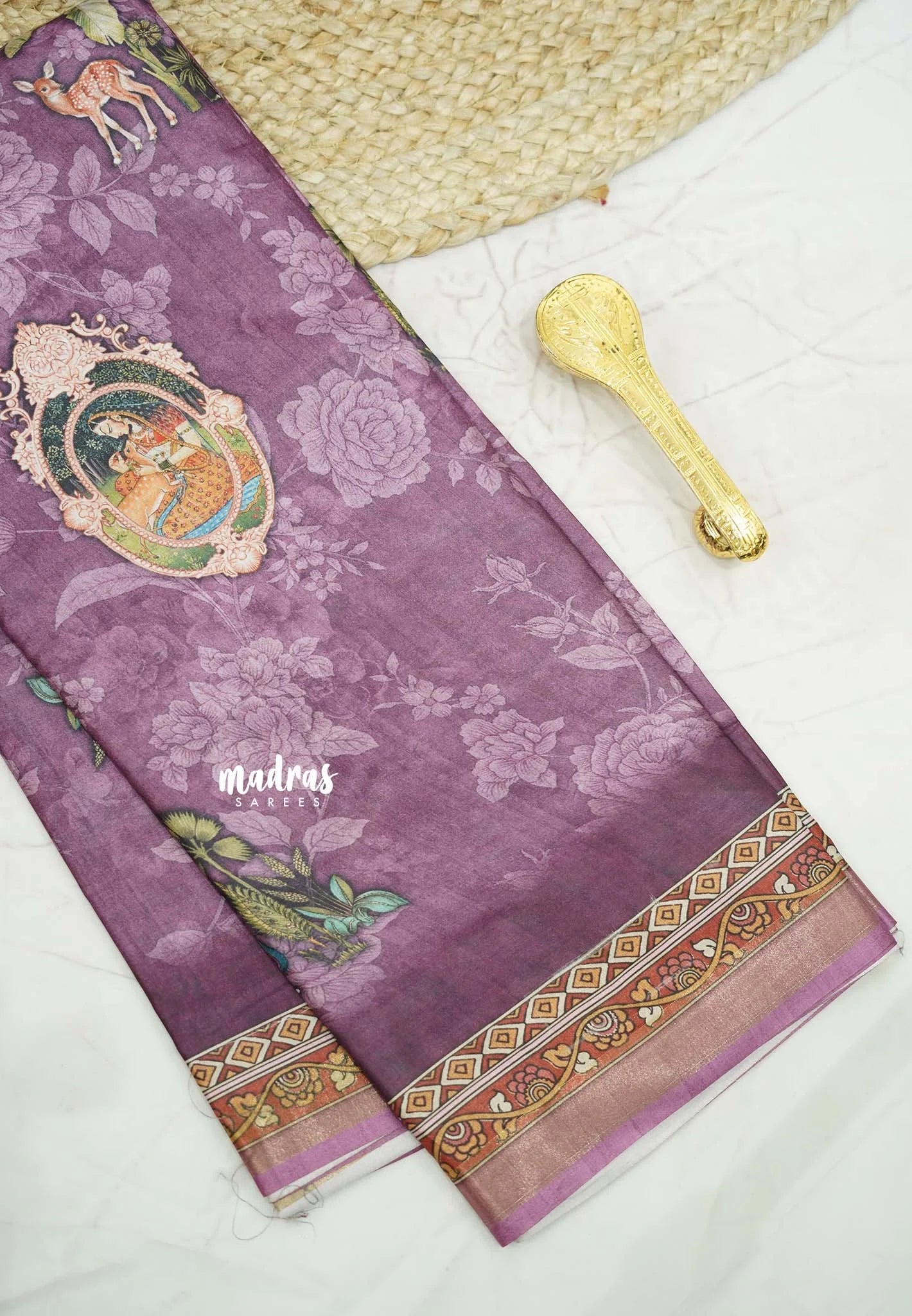 Printed silk blend Saree mugal painting prints Elephants - Onion purple