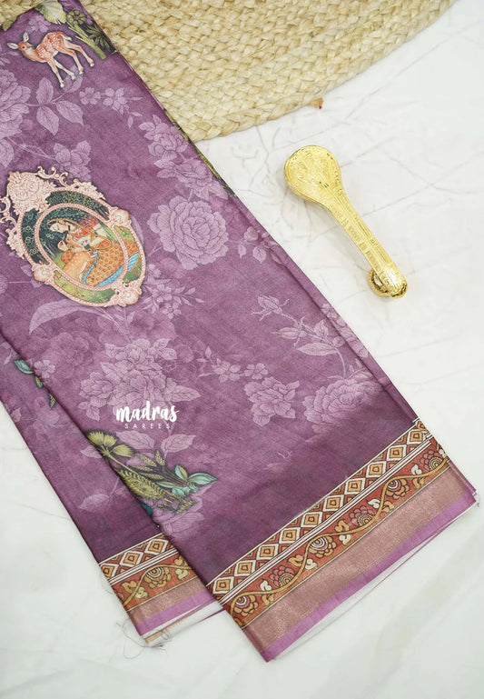 Printed silk blend Saree mugal painting prints Elephants - Onion purple