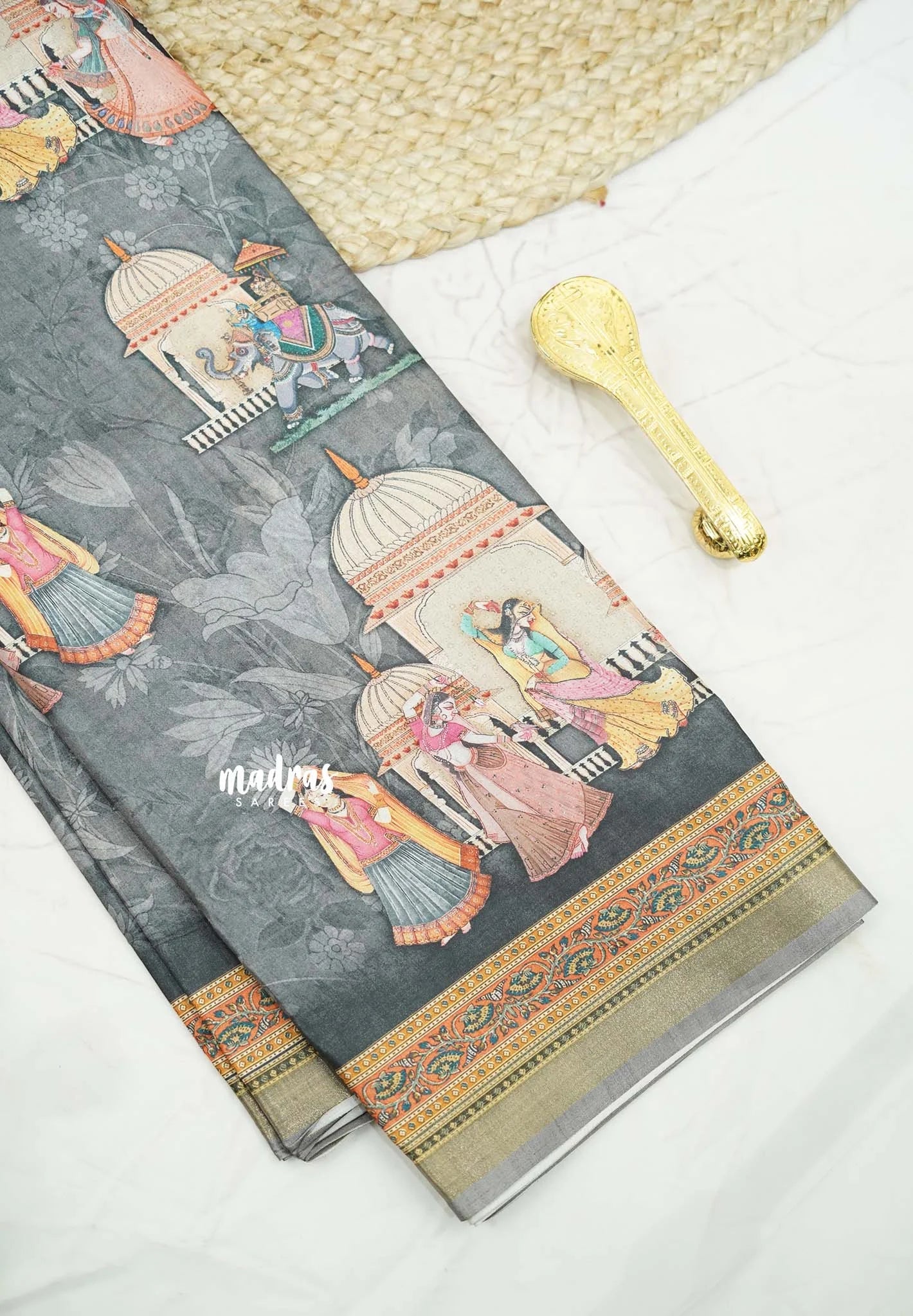 Printed silk blend Saree mugal painting prints peacock - Grey