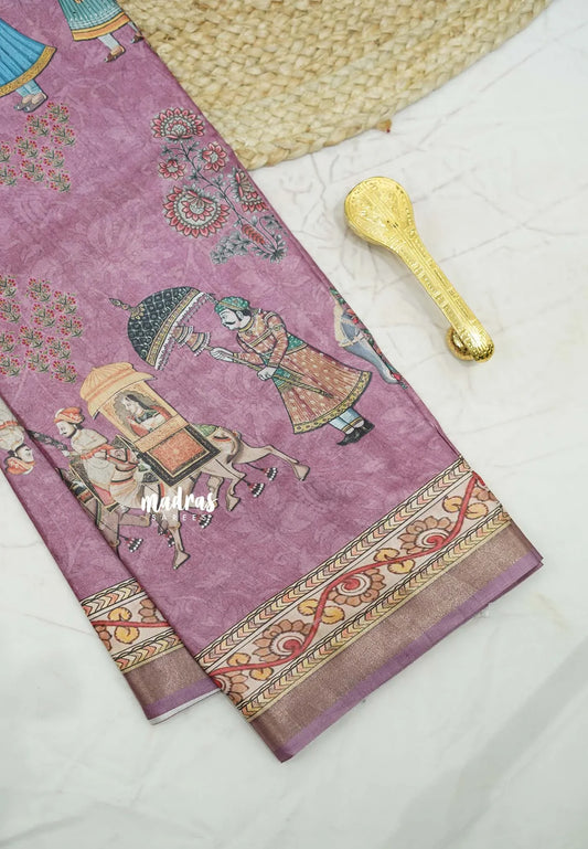 Printed silk blend Saree mugal painting prints pallaku design - 4 colors Available