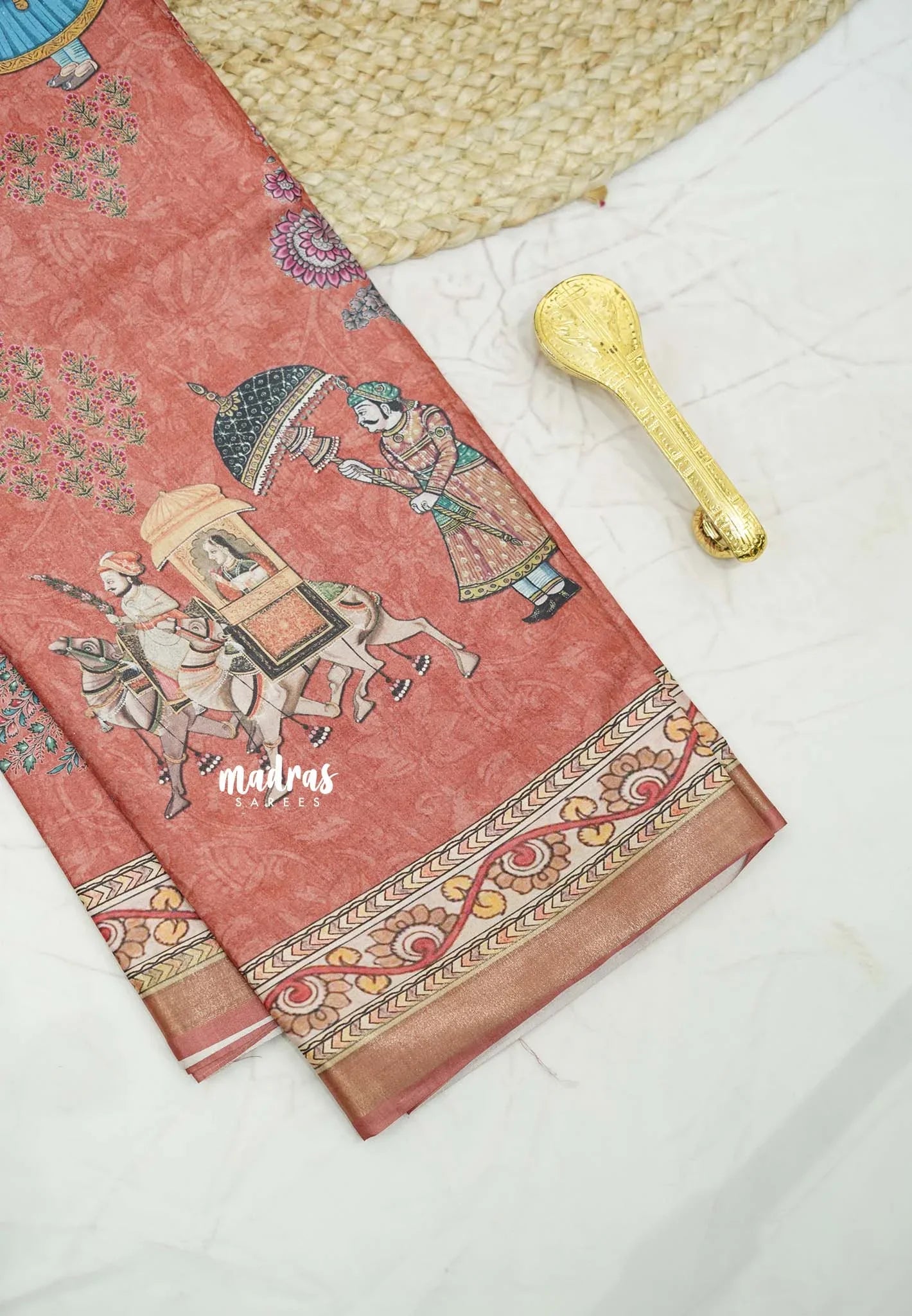 Printed silk blend Saree mugal painting prints pallaku design - 4 colors Available