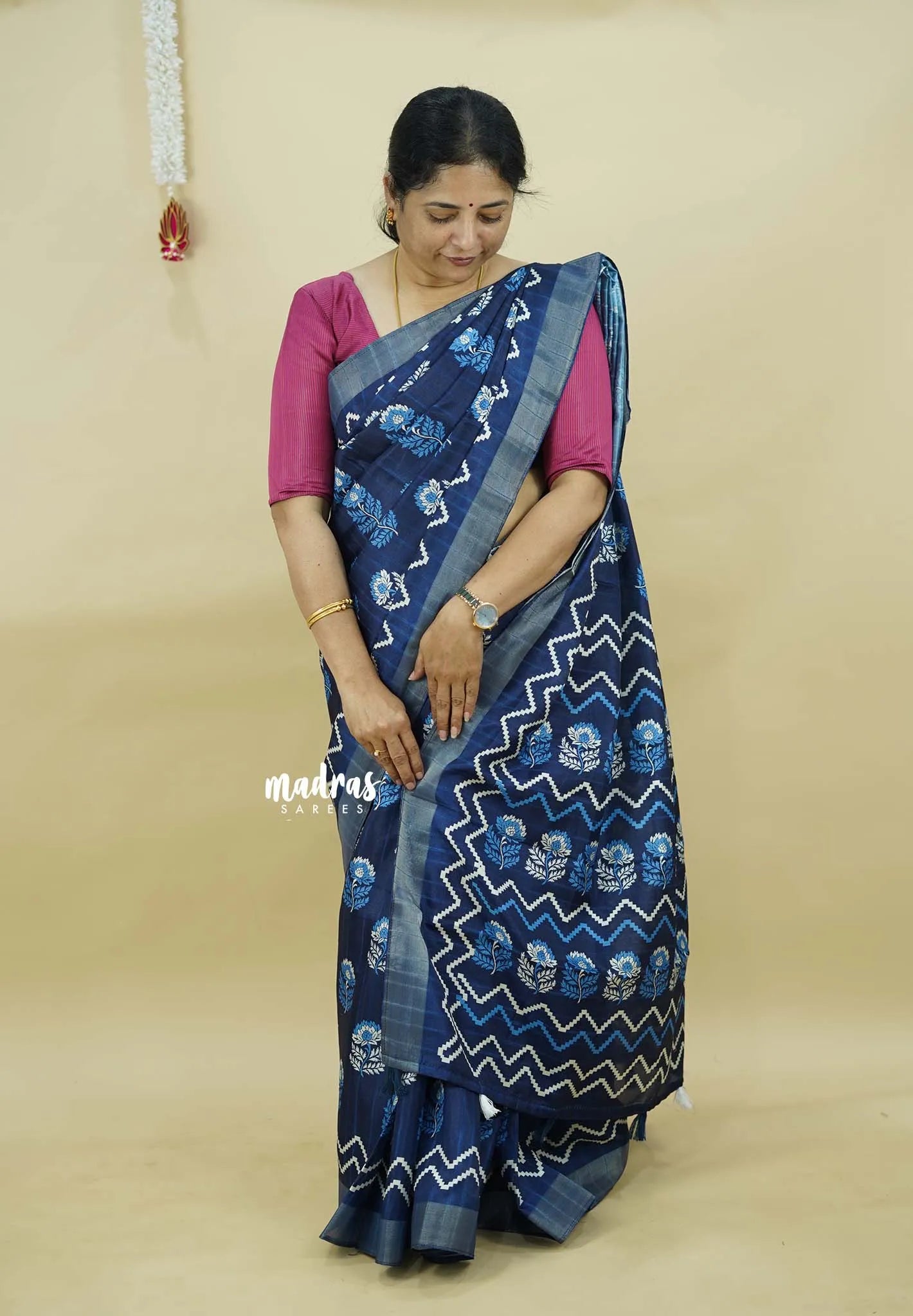 Indigo Blue - Zara Malgudi  printed silk Cotton Saree with Bagru Prints