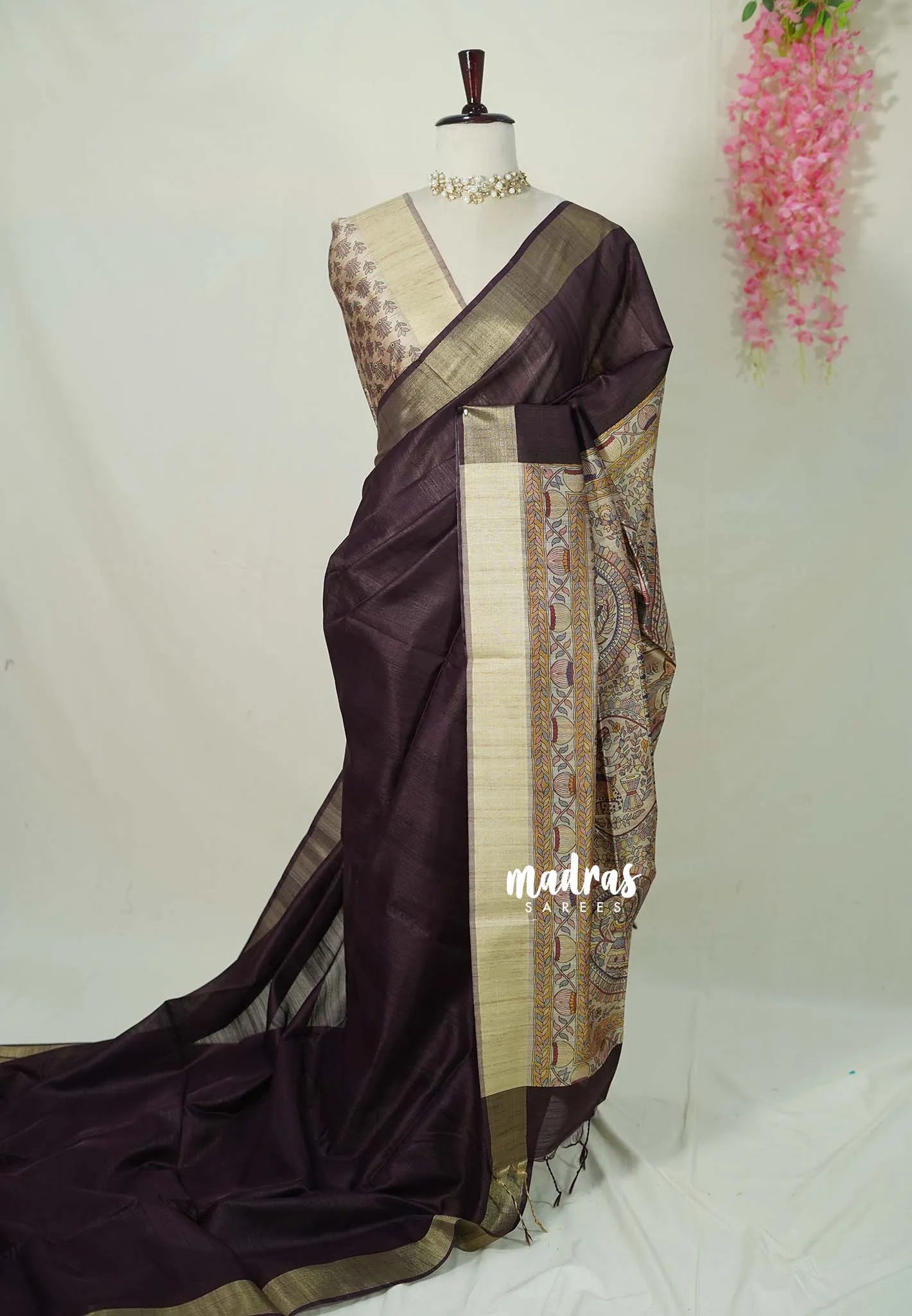 Brown - Roopa - Premium Chappa semi tussar Saree with Madhubani art pallu