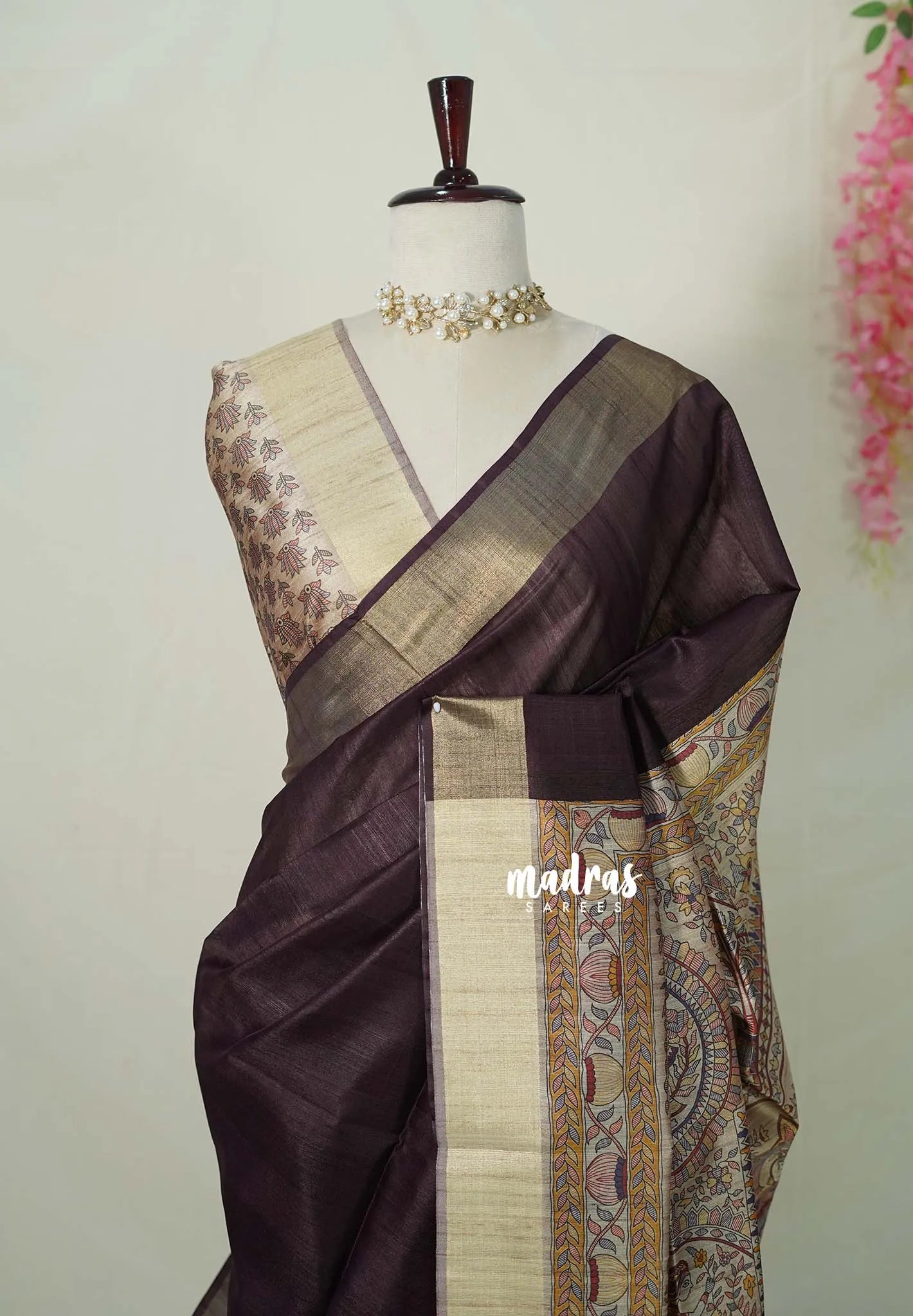 Brown - Roopa - Premium Chappa semi tussar Saree with Madhubani art pallu
