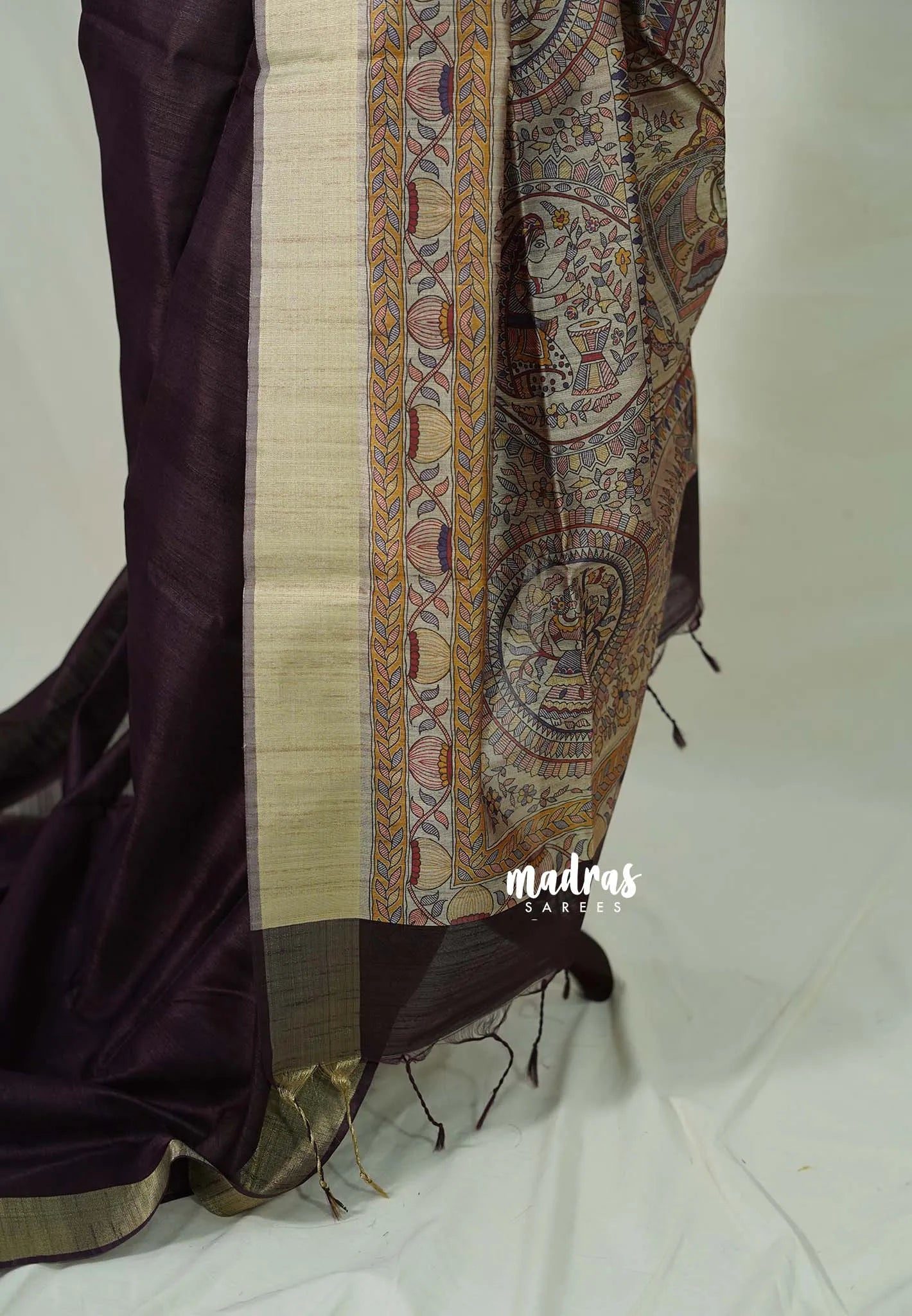 Brown - Roopa - Premium Chappa semi tussar Saree with Madhubani art pallu