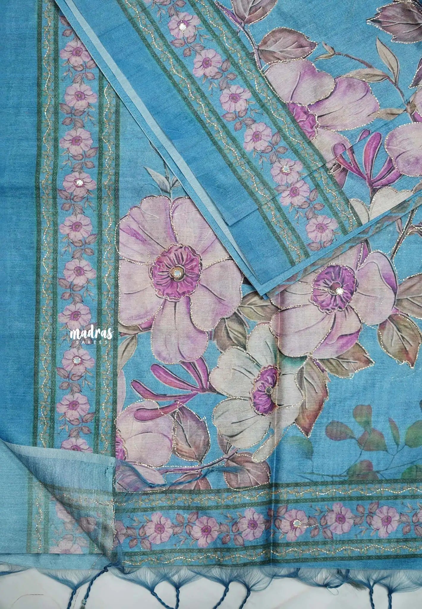 Roopa - Premium Chappa semi tussar floral prints Saree with embroidery outline - Cerulean blue