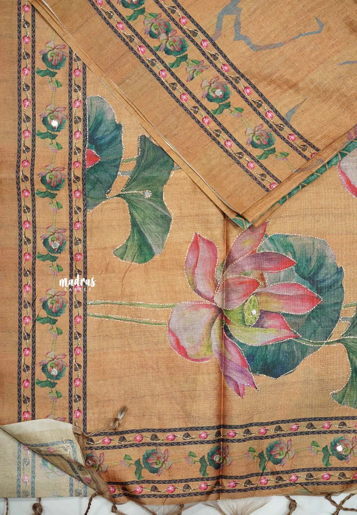 Roopa - Premium Chappa semi tussar floral prints Saree with embroidery outline - Pale orange