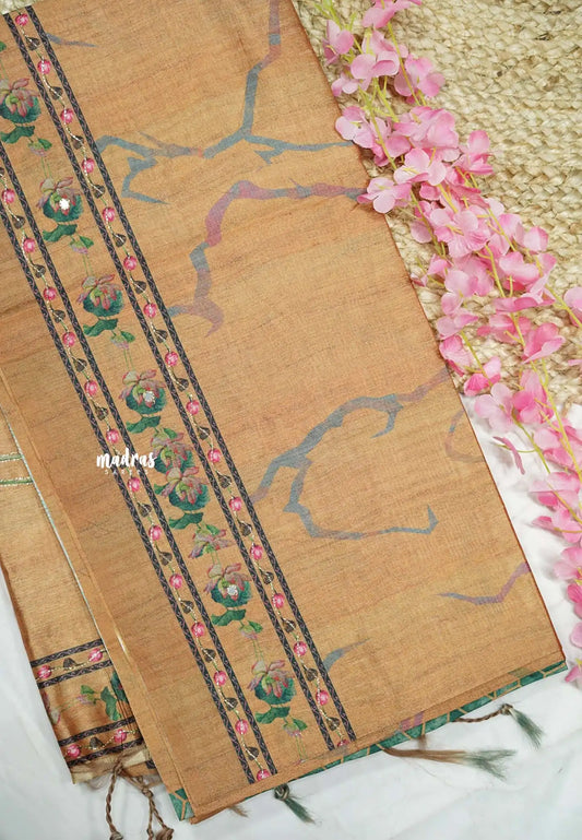 Roopa - Premium Chappa semi tussar floral prints Saree with embroidery outline - Pale orange