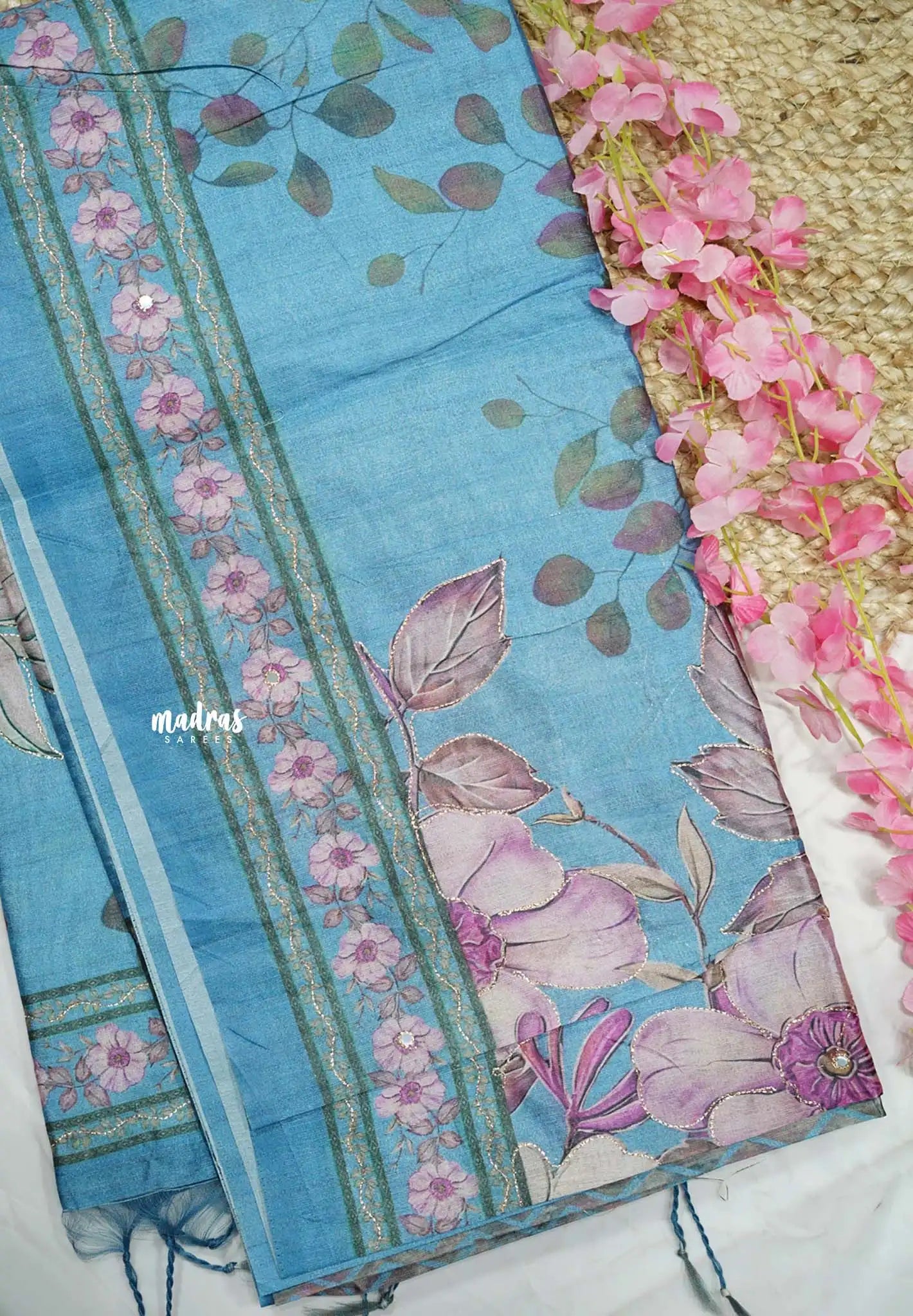Roopa - Premium Chappa semi tussar floral prints Saree with embroidery outline - Cerulean blue