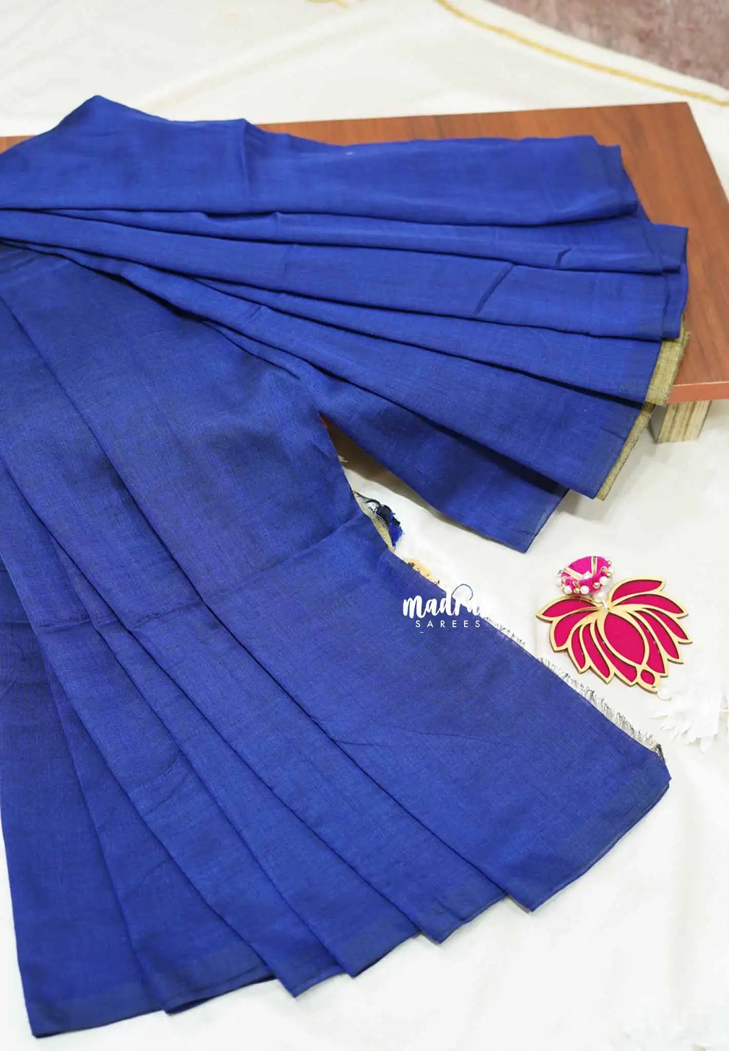 Blue with khaki pallu - Soft handloom cotton Saree with contrast pallu and blouse  - Shruti