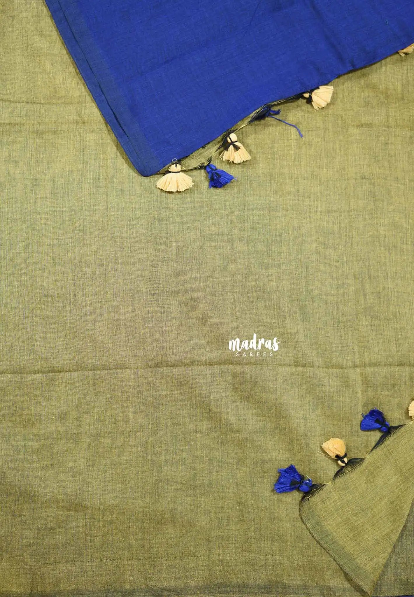 Blue with khaki pallu - Soft handloom cotton Saree with contrast pallu and blouse  - Shruti